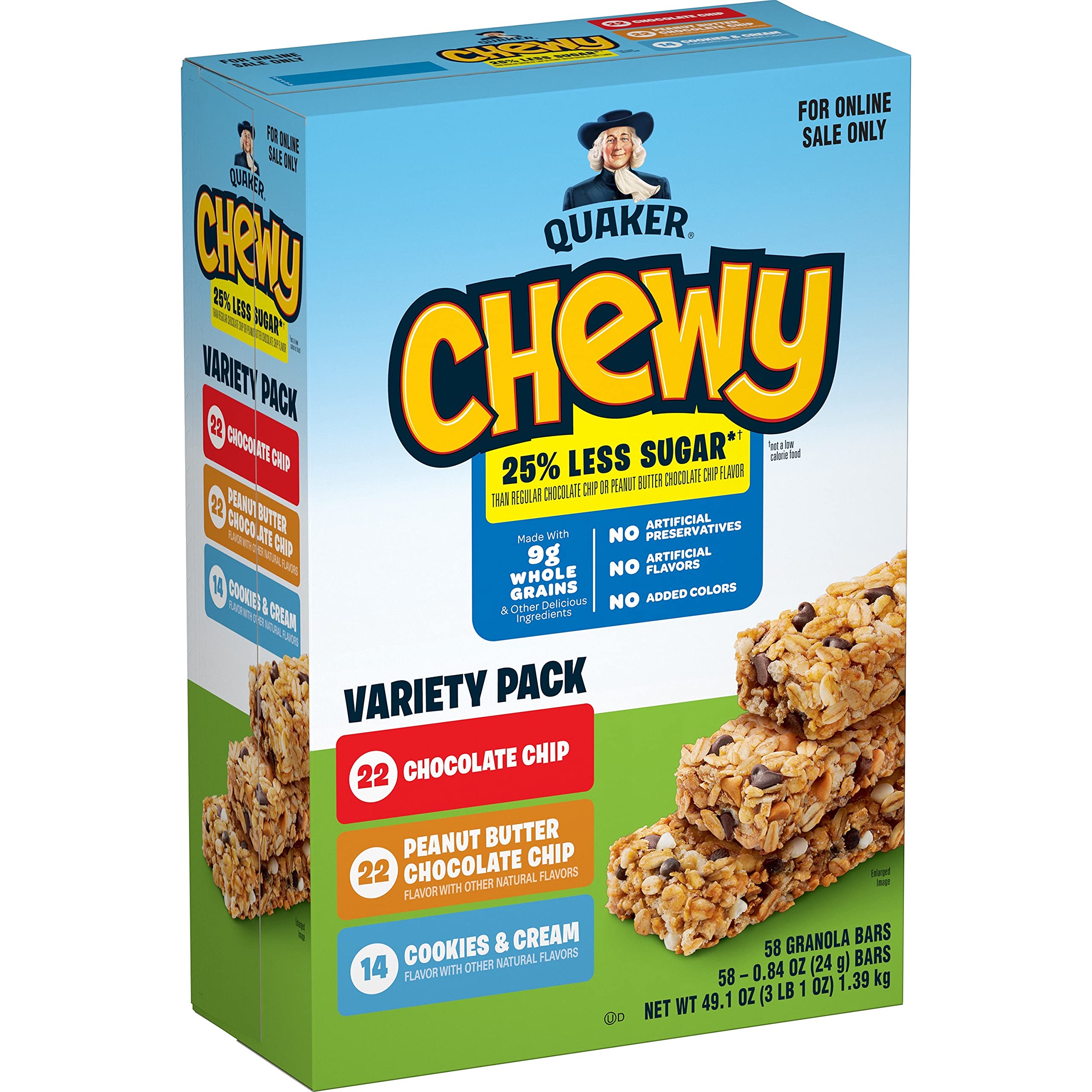 Quaker Chewy Lower Sugar Granola Bars, 3 Flavor Variety Pack, 58 Count (Pack of 1)