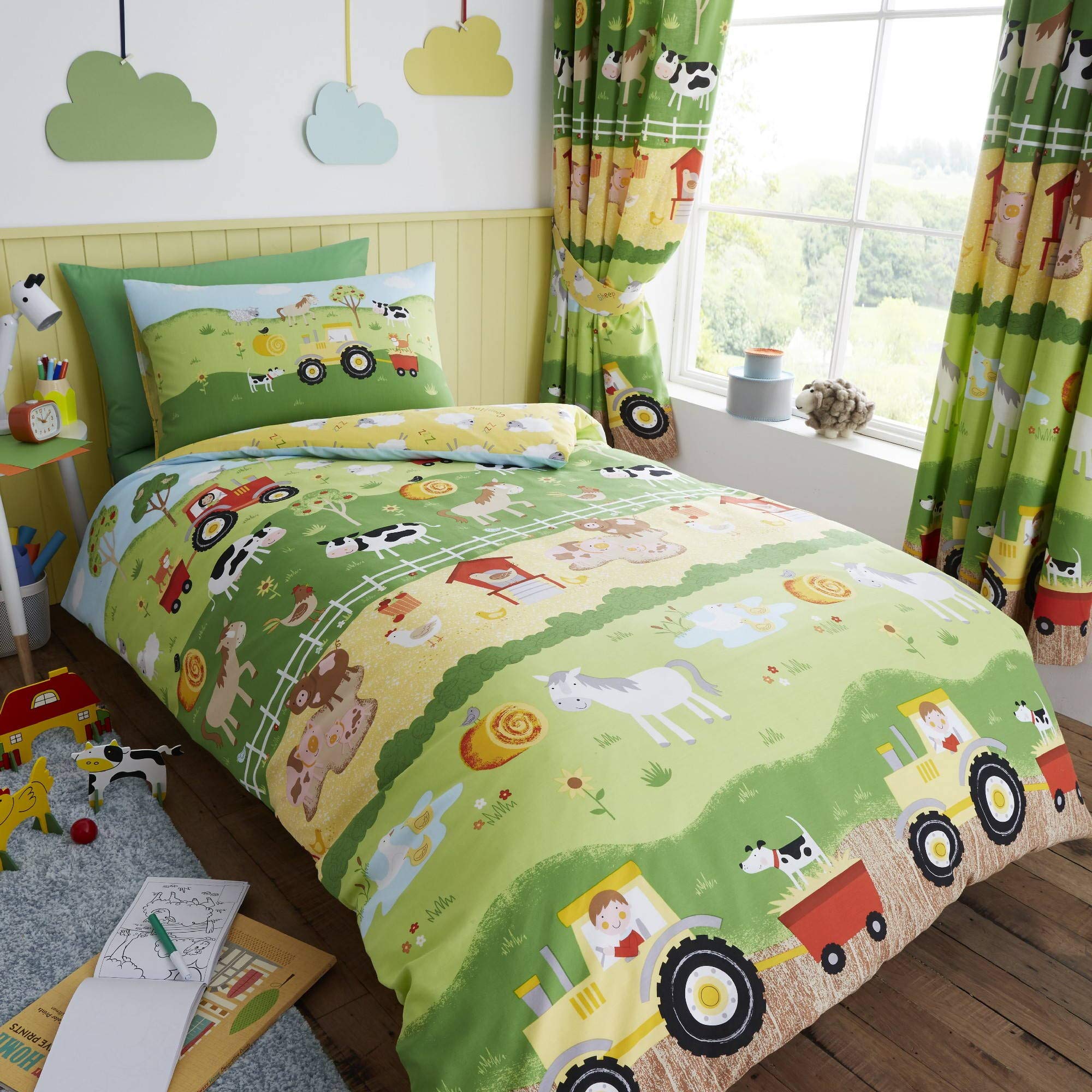 Happy Linen Company Kids Boys Girls Farm Animals Counting Sheep Green Yellow Reversible Single Bedding Duvet Cover Set