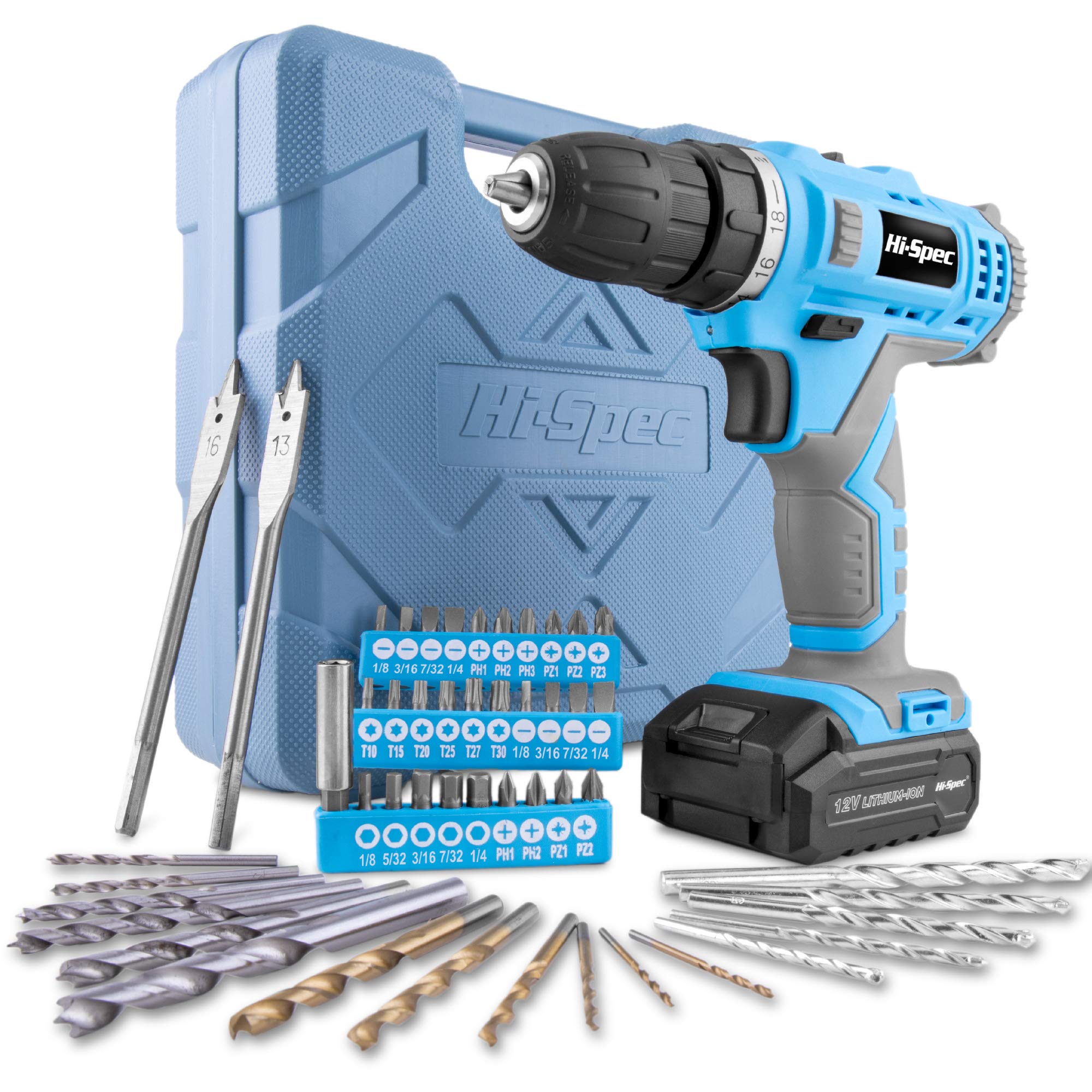 Hi-Spec 50pc Blue Drill Driver Set 12V Electric Battery & Drill Bit Set - Cordless Portable Power Tools in a Tool Box, Drill Set & Essential Drills for DIY Projects