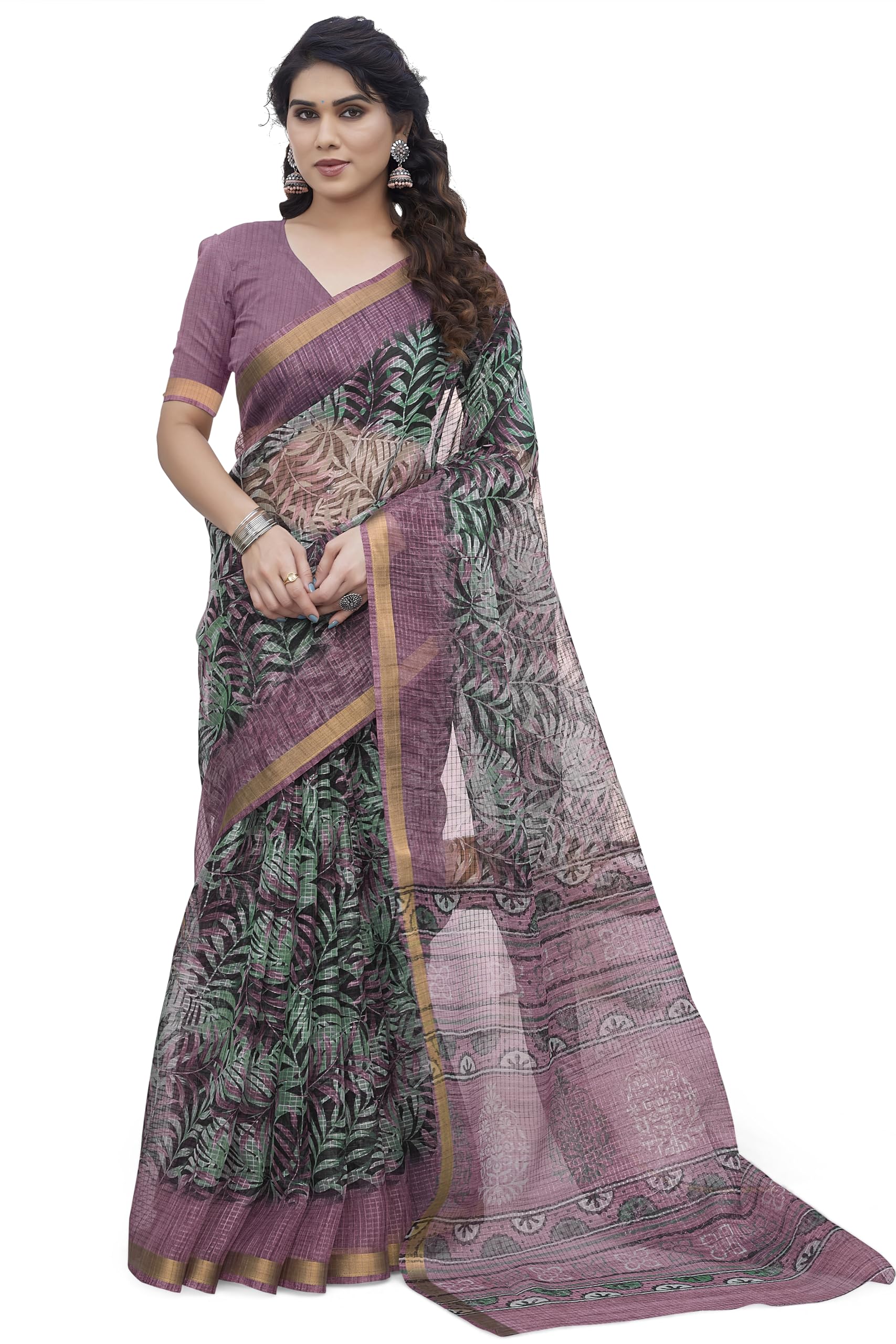 MIRCHI FASHIONWomen's Kota Doria, Polyester Mix Leaf Floral Printed Saree with Blouse Piece