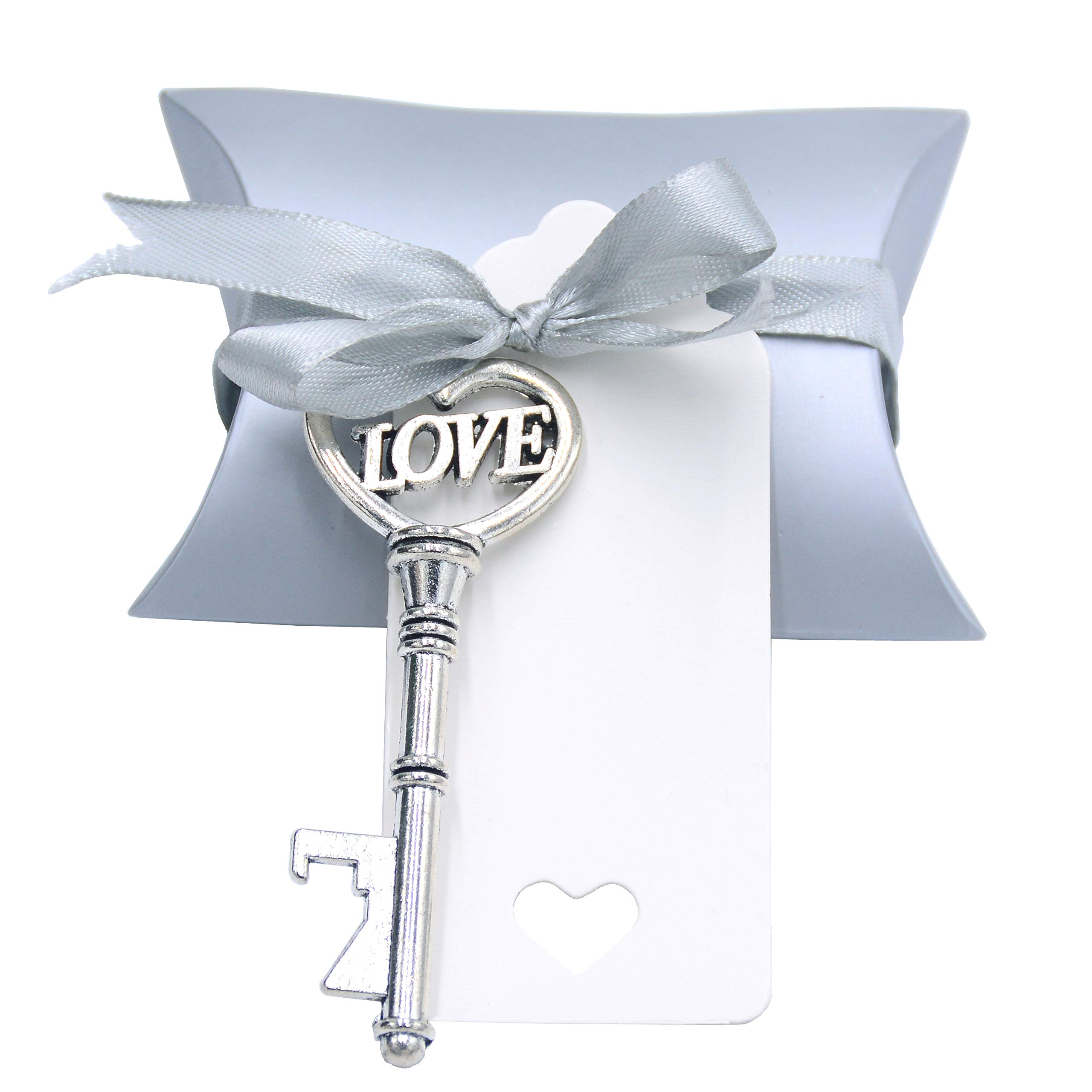 Makhry 50pcs Heart Shaped with Love Vintage Key Bottle Opener Wedding Party Favor Souvenir Gift Set with Thank You Tag and Silk Ribbon (Antique Silver)