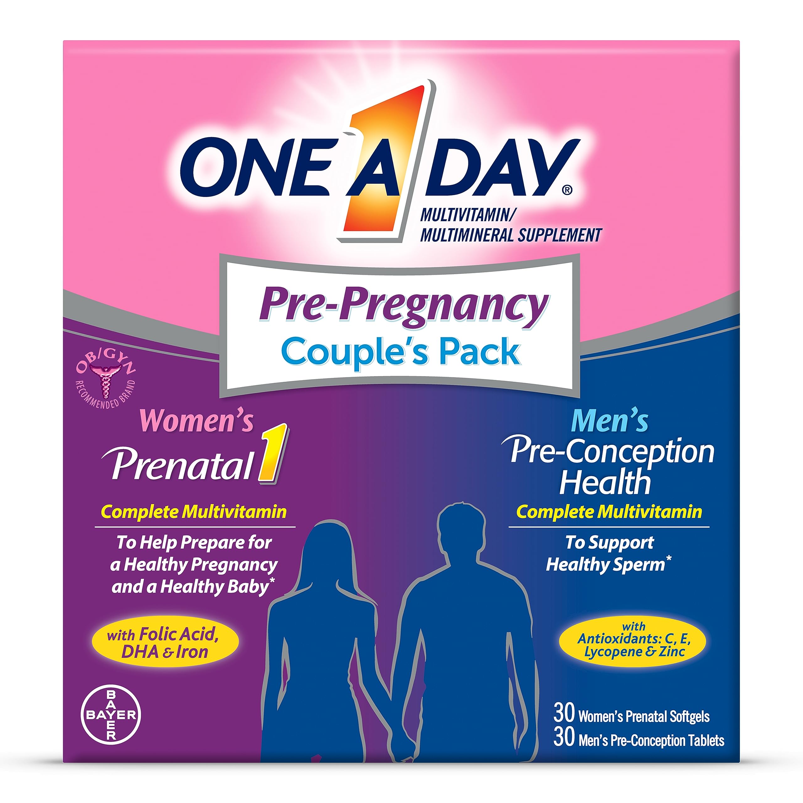 ONE A DAYMen's & Women's Pre-Pregnancy Multivitamin Softgel including Vitamins A, Vitamin C, Vitamin D, B6, B12, Folic Acid & more, 30+30 Count, Supplement for Before, During, and Postnatal