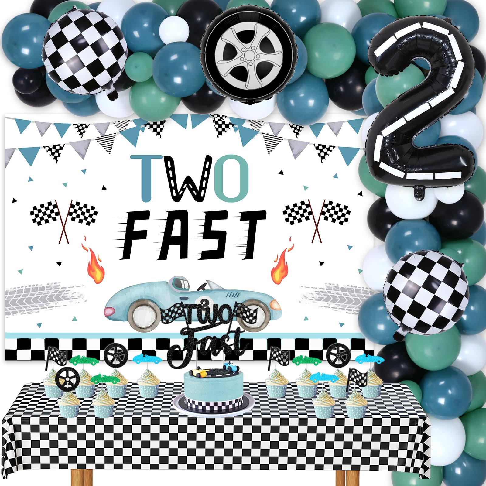 Two Fast 2nd Birthday Decorations for 2 Year Old Boy, Racing Car Theme 2nd Birthday Party Supplies - Vintage Blue Green Balloons Garland Kit Two Fast Checkered Backdrop