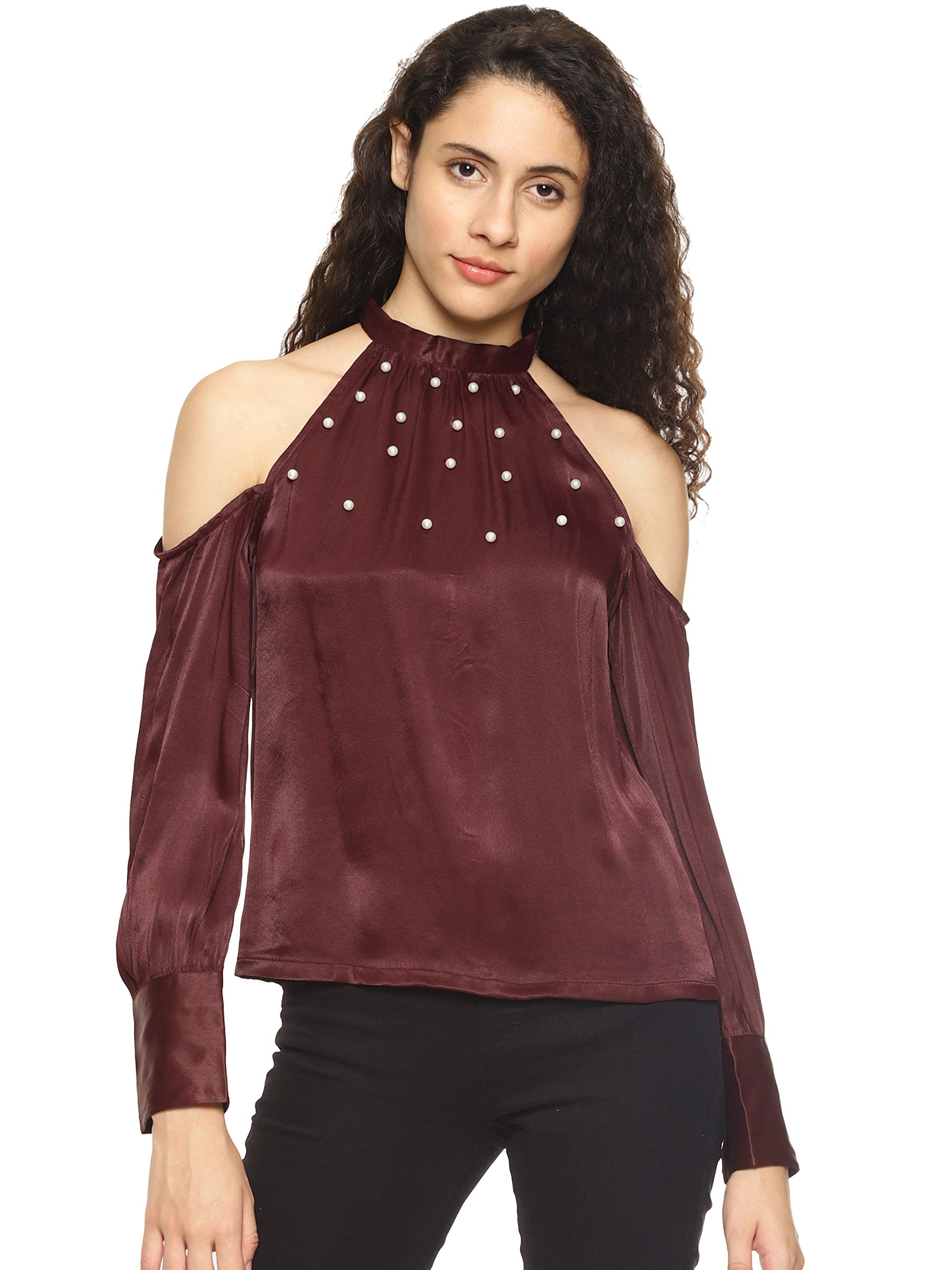 AARA Presents Stylish Blue Solid Pearl Embellished Cold Shoulder Top for Casual