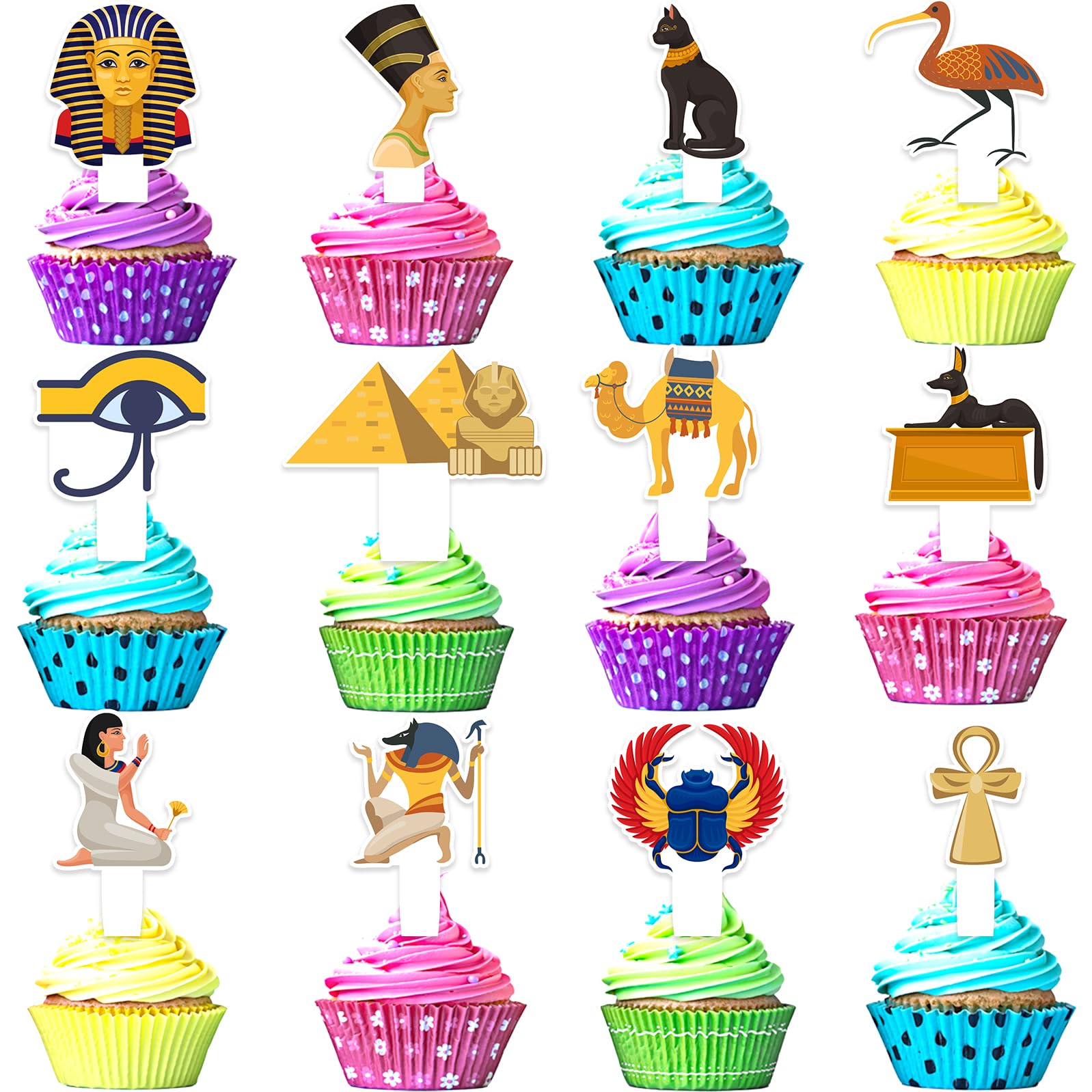 24 Piece Egyptian Themed Happy Birthday Cupcake Toppers Set for Kids - Ancient Egypt King Tutankhamun Birthday Party or Baby Shower Party Pyramid, Mummy, and Pharaoh Decorations - LIANGSS