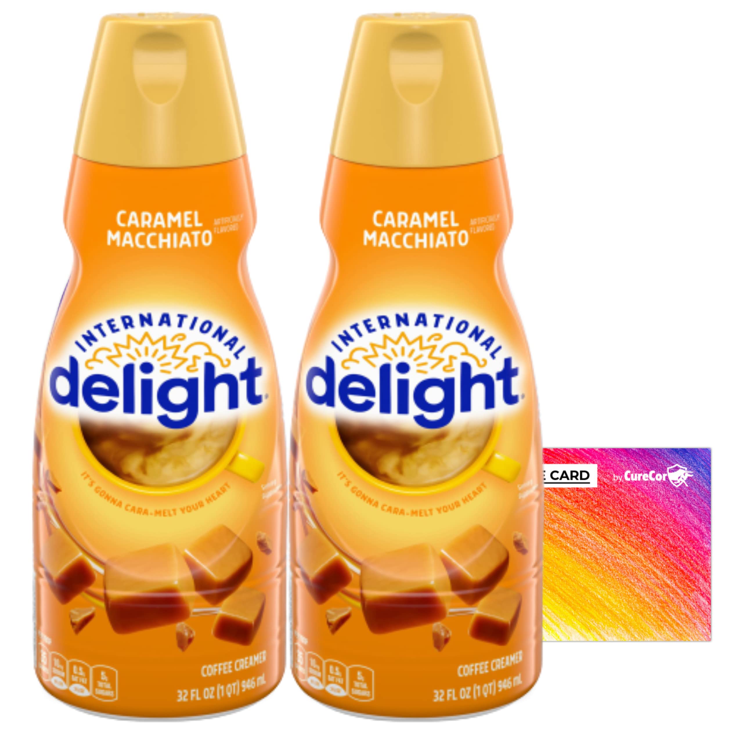 International-Delight Liquid Coffee Creamer.- Two (2) 32 fl oz Bottles of Creamy Smooth Delightful Coffee Creamer and One Authentic CureCor Collective Sticker! (Caramel Macchiato)