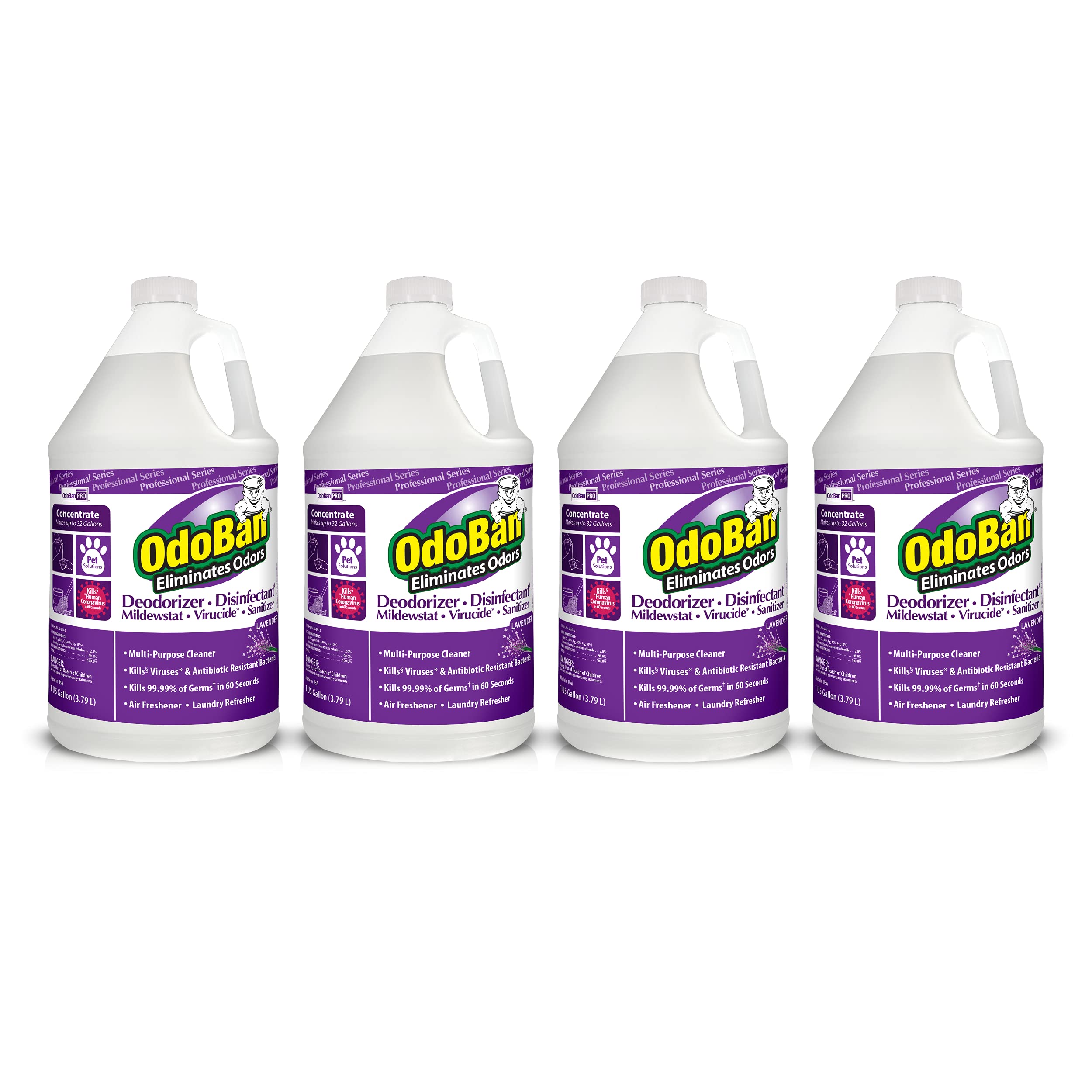 OdoBanProfessional Disinfectant and Odor Eliminator Concentrate, 4-Pack, 1 Gallon Each, Lavender Scent