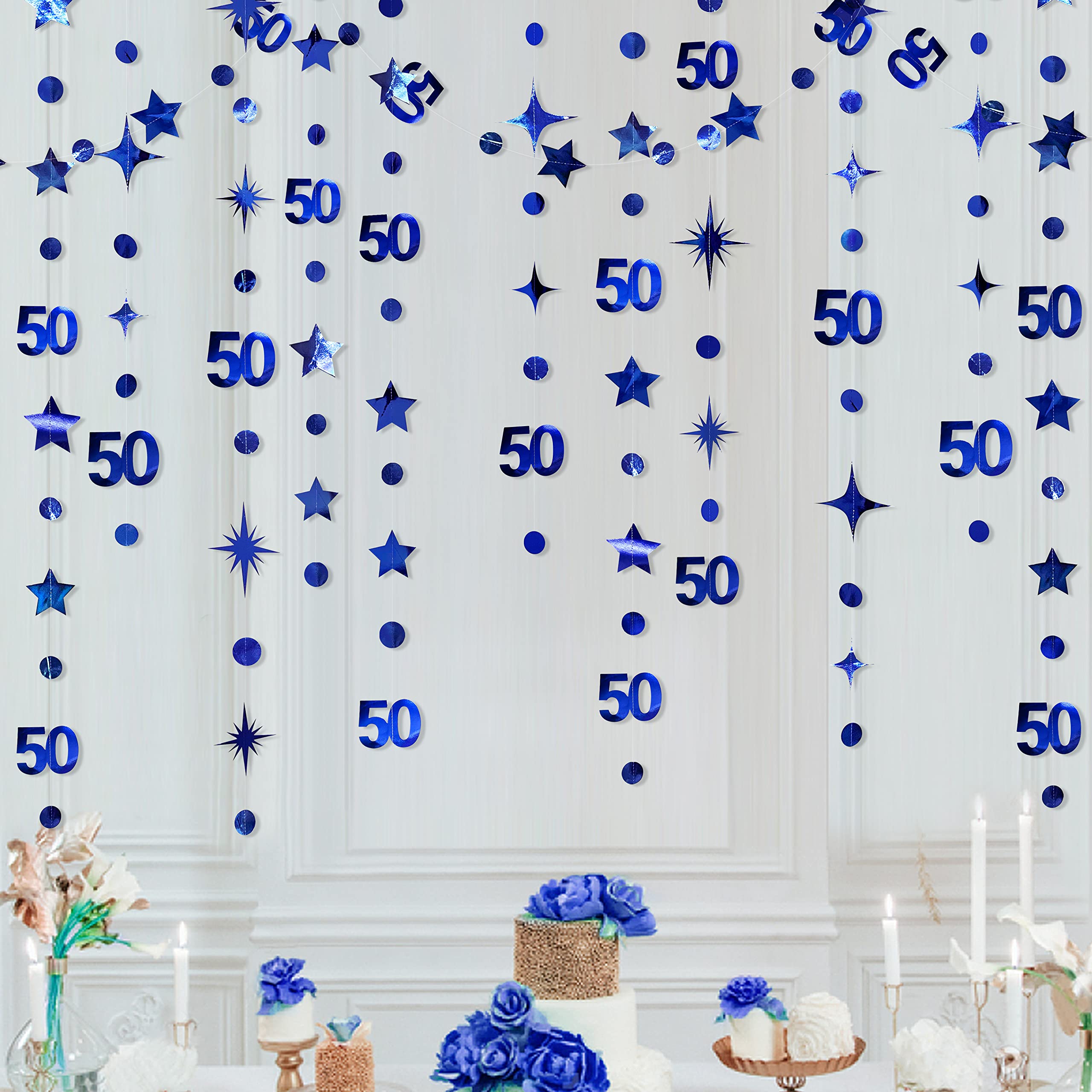 Navy Blue 50th Birthday Decorations Number 50 Circle Dot Twinkle Star Garland Metallic Hanging Streamer Bunting Banner Backdrop for 50 Year Old Birthday Happy 50th Anniversary Fiftieth Party Supplies