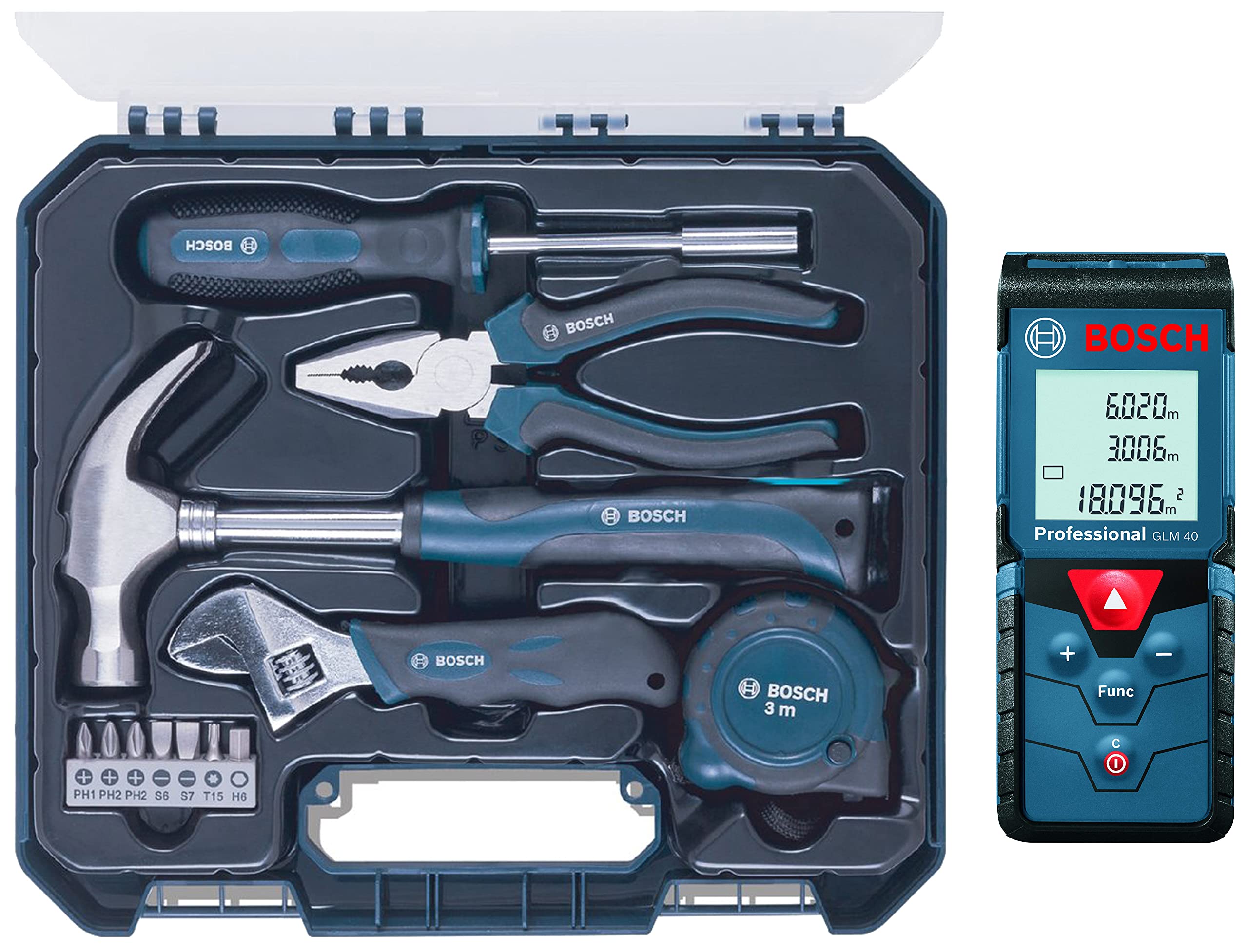 Bosch GLM 40 Laser Distance Measurer&Bosch Hand Tool Kit (Blue, 12 Pieces)&Bosch GBL 620-Watt Air Blower (Blue)