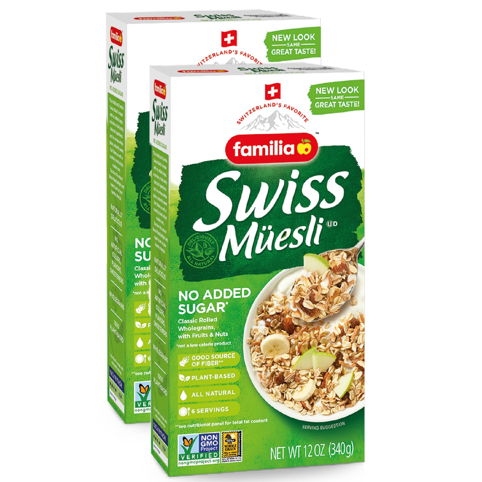 Familia Swiss Muesli Cereal, 0g Added Sugar, Energy-Packed Cereal with Raisins, Hazelnuts and Almonds, 12 Ounce Box (Pack of 2)