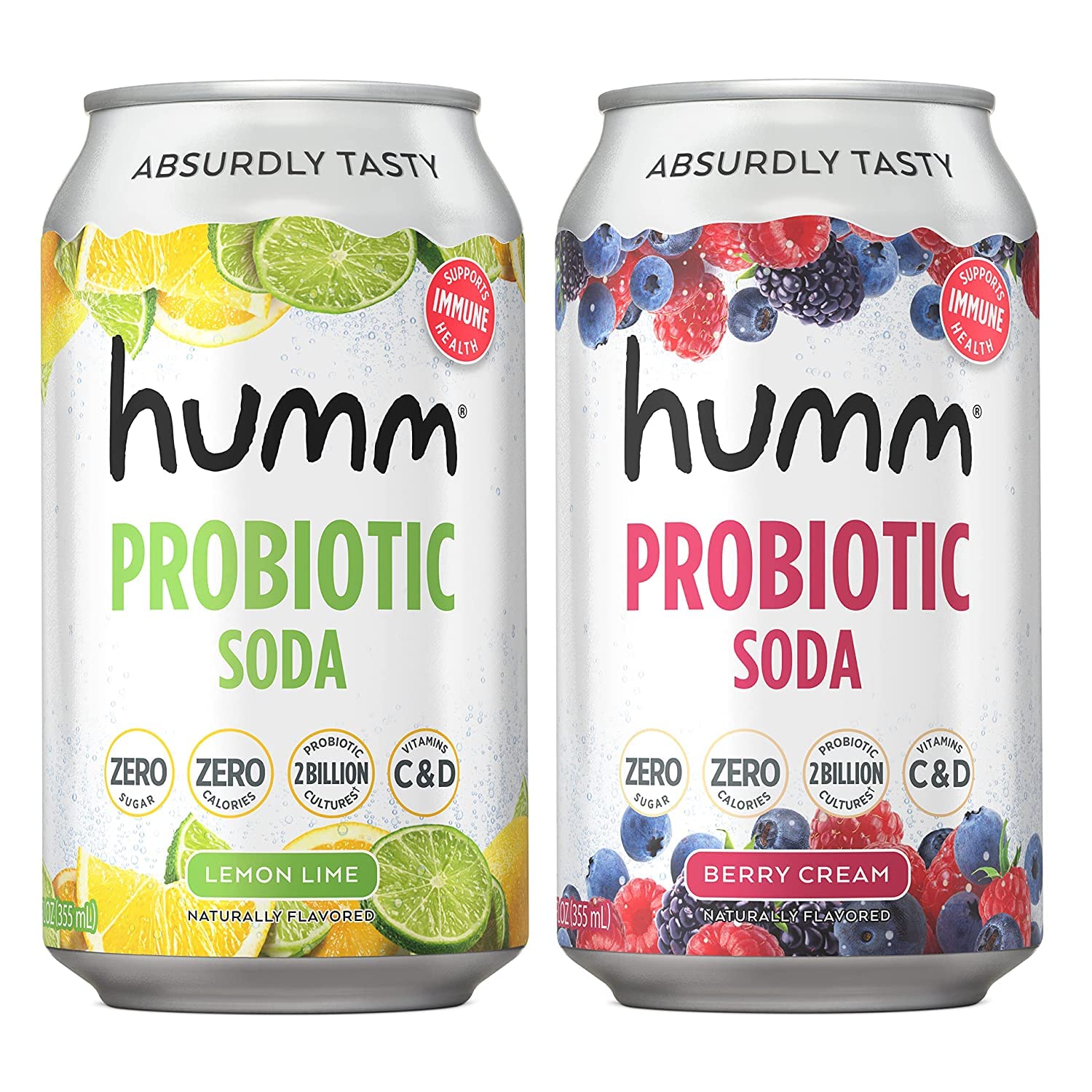 HummSparkling Probiotic Soda Variety Pack - Lemon Lime & Berry Cream - Zero Sugar, Zero Calorie, 2 Billion Probiotics - Vitamin C, D, and B12-12 fl oz (12 Pack)