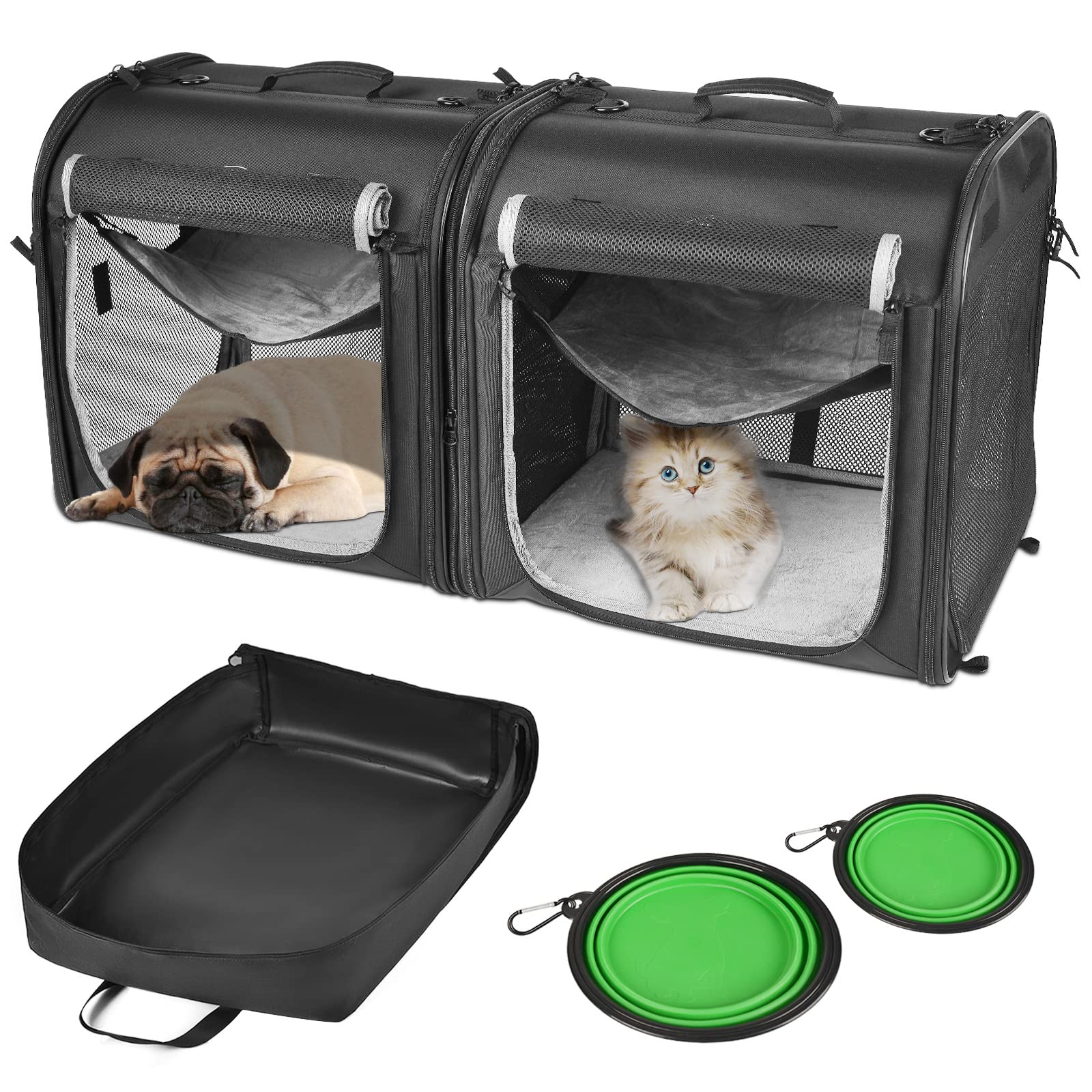 wakytu Portable 2-in-1 Pet Carrier for Medium Dogs Large Cat 2 Cats Travel Double Dog Crate Set with Carry Bag/Hammocks/Mats/Tent Stakes/2 Pcs Bowls Outdoor Camping, 2.0 Black