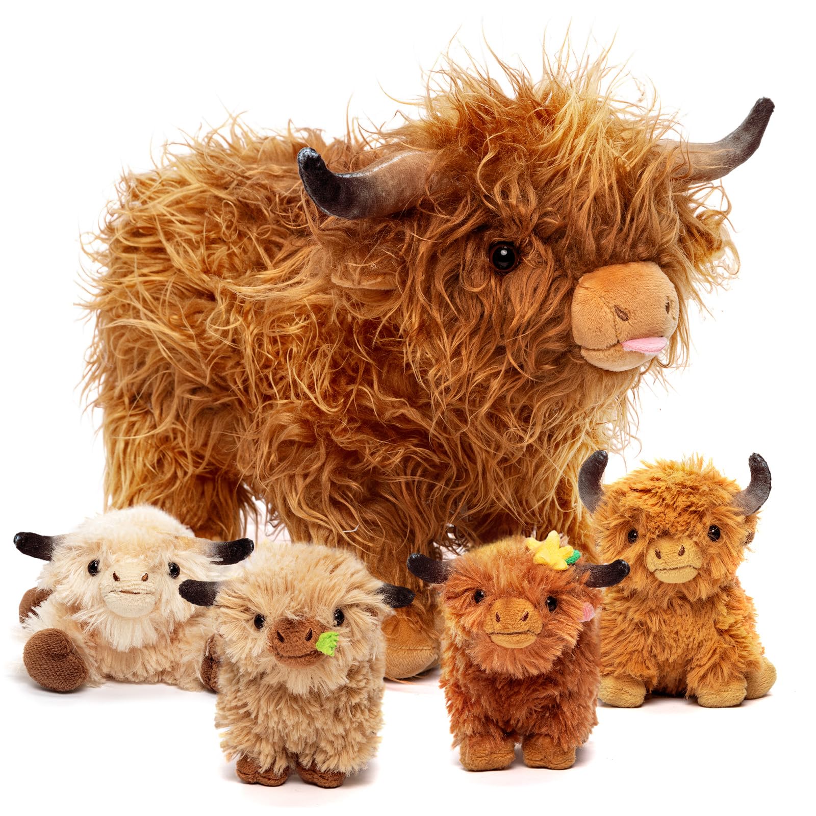 OUOZZZ Highland Cow Stuffed Animals with Babies Inside Scottish Plush Toys Set Mommy and 4 Little Cattle Babies - Gift Present Toys for Girls Boys Kids Toddler Infant