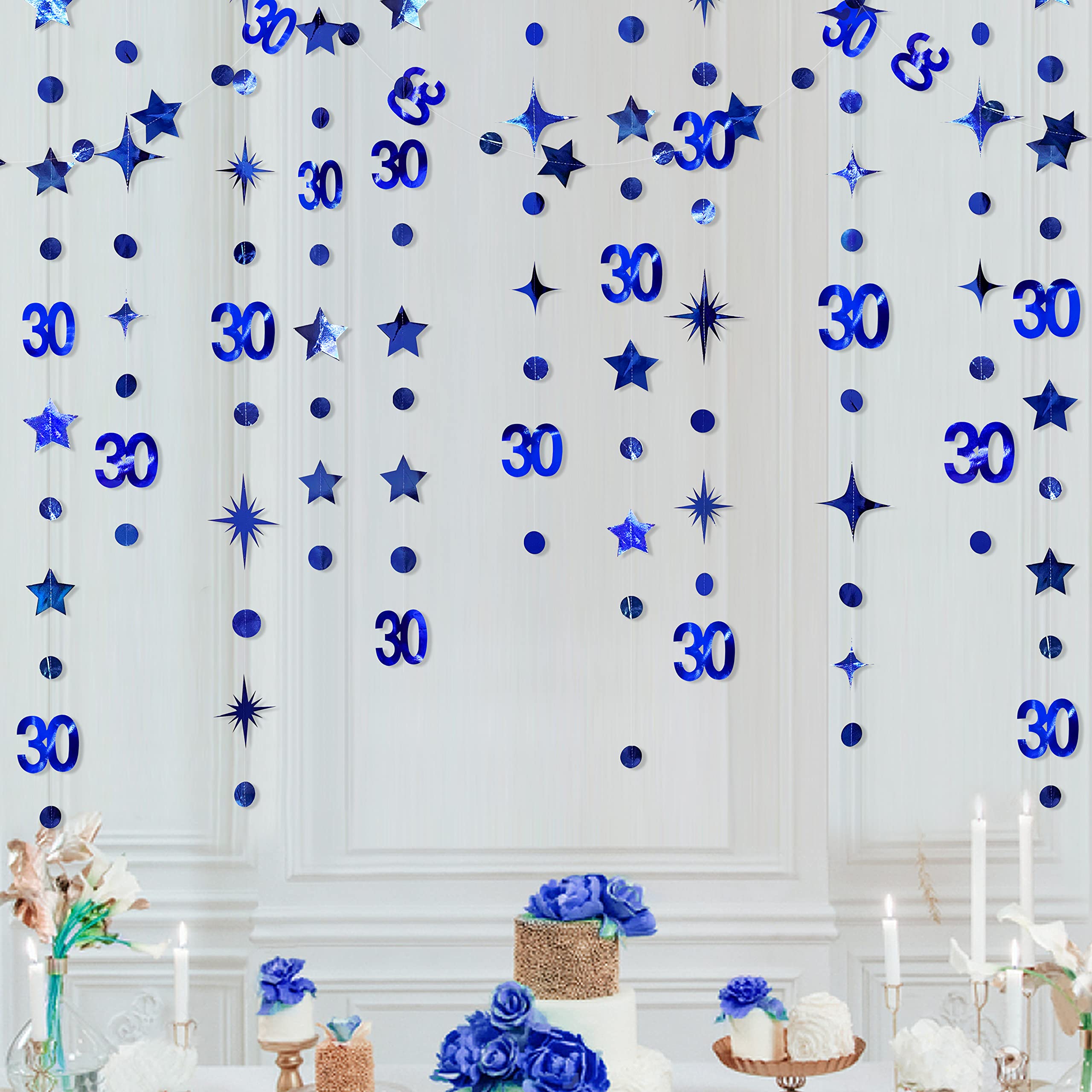 Navy Blue 30th Birthday Decorations Number 30 Circle Dot Twinkle Star Garland Metallic Streamer Bunting Banner Backdrop for Her Happy Dirty 30 Year Old Birthday Thirty Anniversary Party Supplies