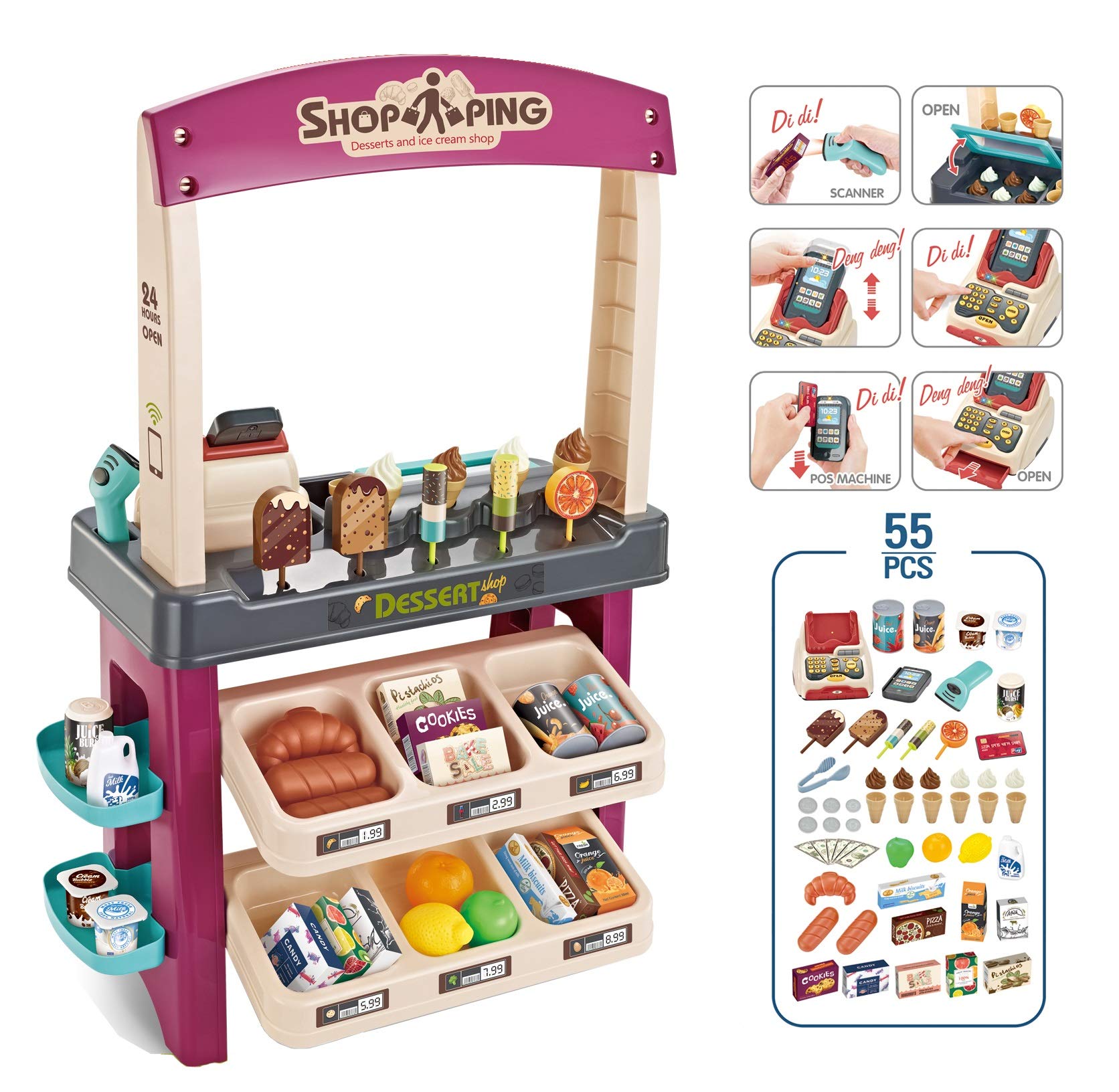 Delex® Ice Cream Desert Shop 47 Piece Luxury Grocery Supermarket Pretend Playset With Scanner Cash Register Light and Sound.