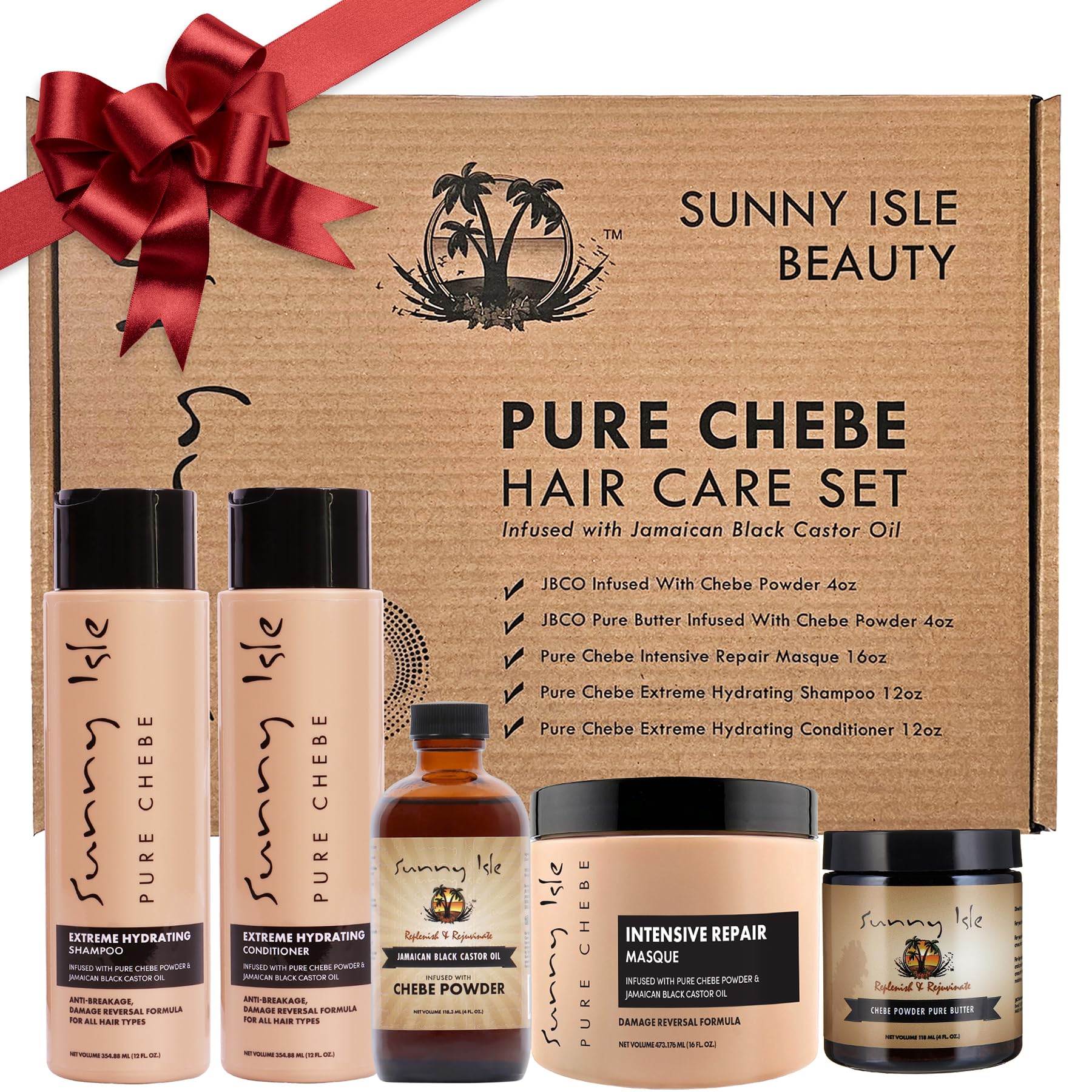 Sunny Isle Pure Chebe Hair Care 5-Piece Boxed Bundle Gift Set Infused with Jamaican Black Castor Oil