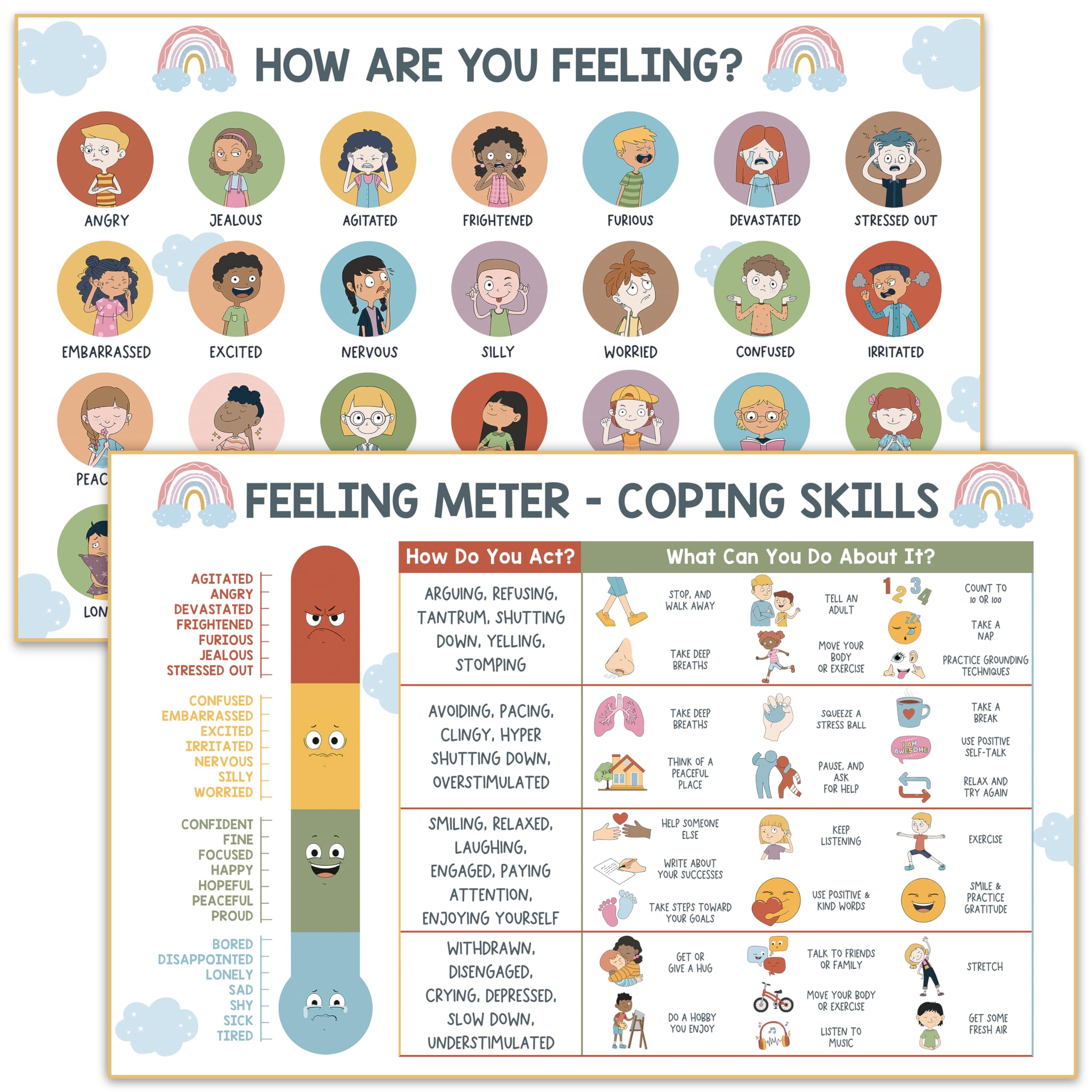 Feelings Chart for Kids - Coping Skills Emotions Chart Poster - Calm Down Corner Supplies - Mental Health Posters for Kids - School Counselor Psychologist Toddler Preschool Homeschool Decoration