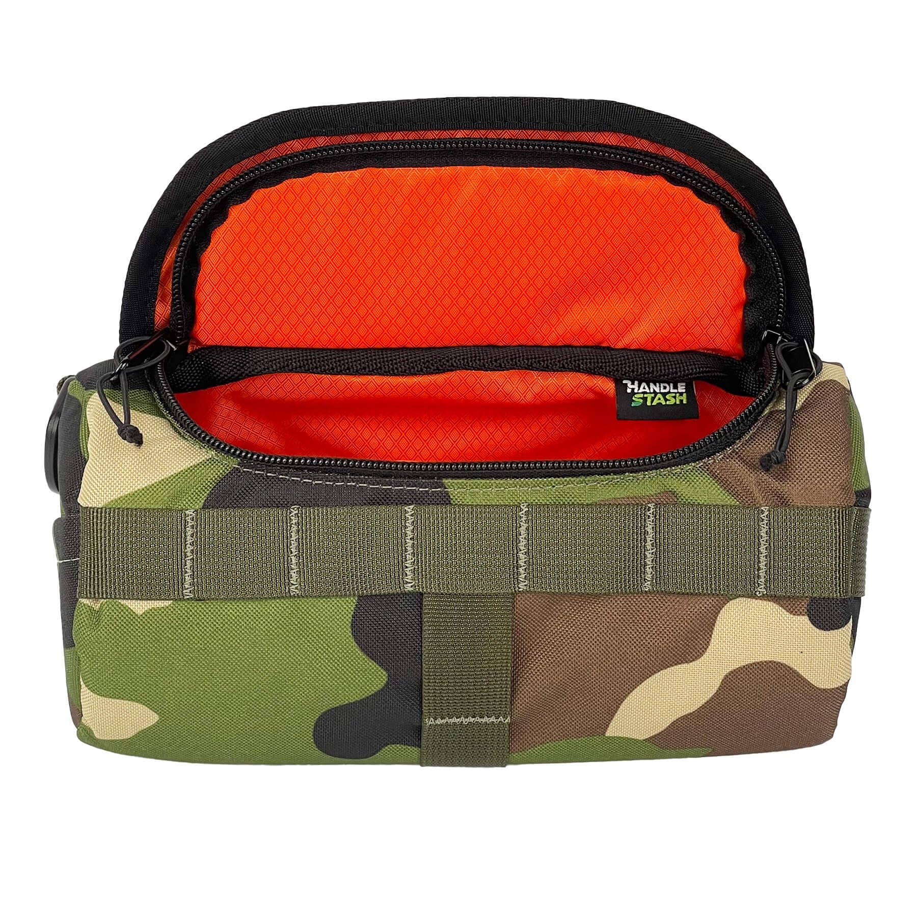 HandleStashHandlebar Bag | (Blazin Camo Burrito) | 2 Liter Capacity | Spacious Bike Bag with 3 Velcro Straps | Water Resistant Front Bike Basket for Storage | Durable Bike Accessories | Made in USA