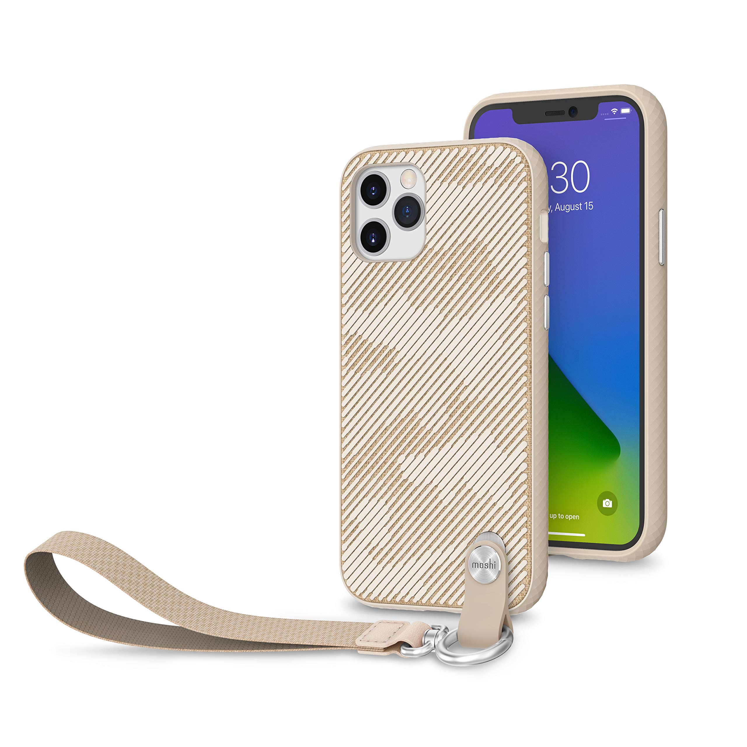 Moshi ALTRA Apple iPhone 12/12 Pro Case - AntiMicrobial Slim Shell Cover, Drop Protection, Detachable Wrist Strap w/Snapto System, Wireless Pass-Through Charging Compatible - Beige