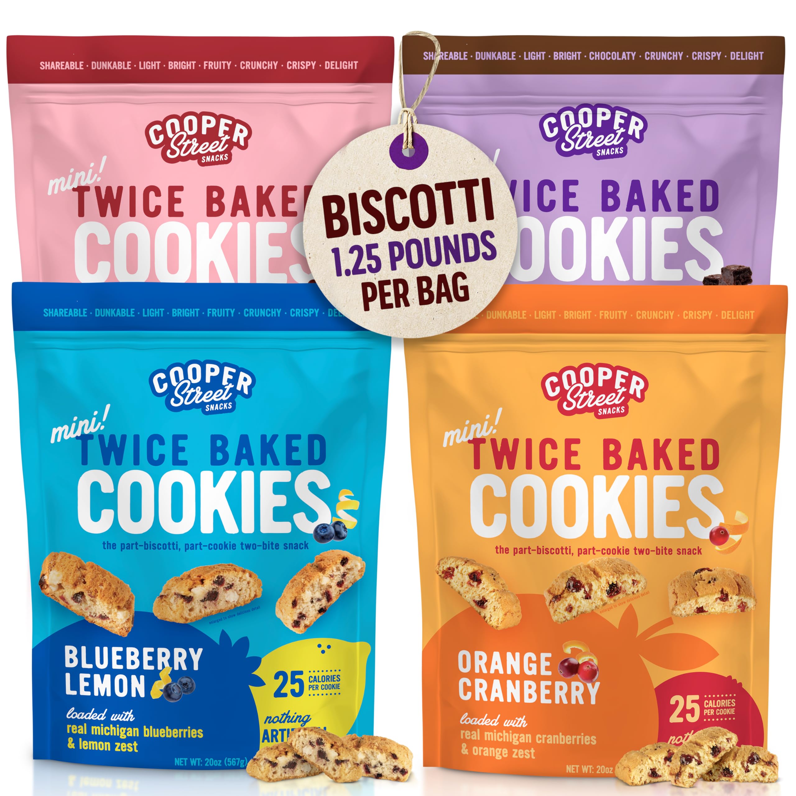 Cooper Street Twice Baked Biscotti Cookies Variety Pack - 1.25 Pounds Per Bag (4 Pack) - Gourmet Cookies Ideal With Coffee Or Tea | Peanut and Dairy Free Low Sodium Breakfast or On-The-Go Snack