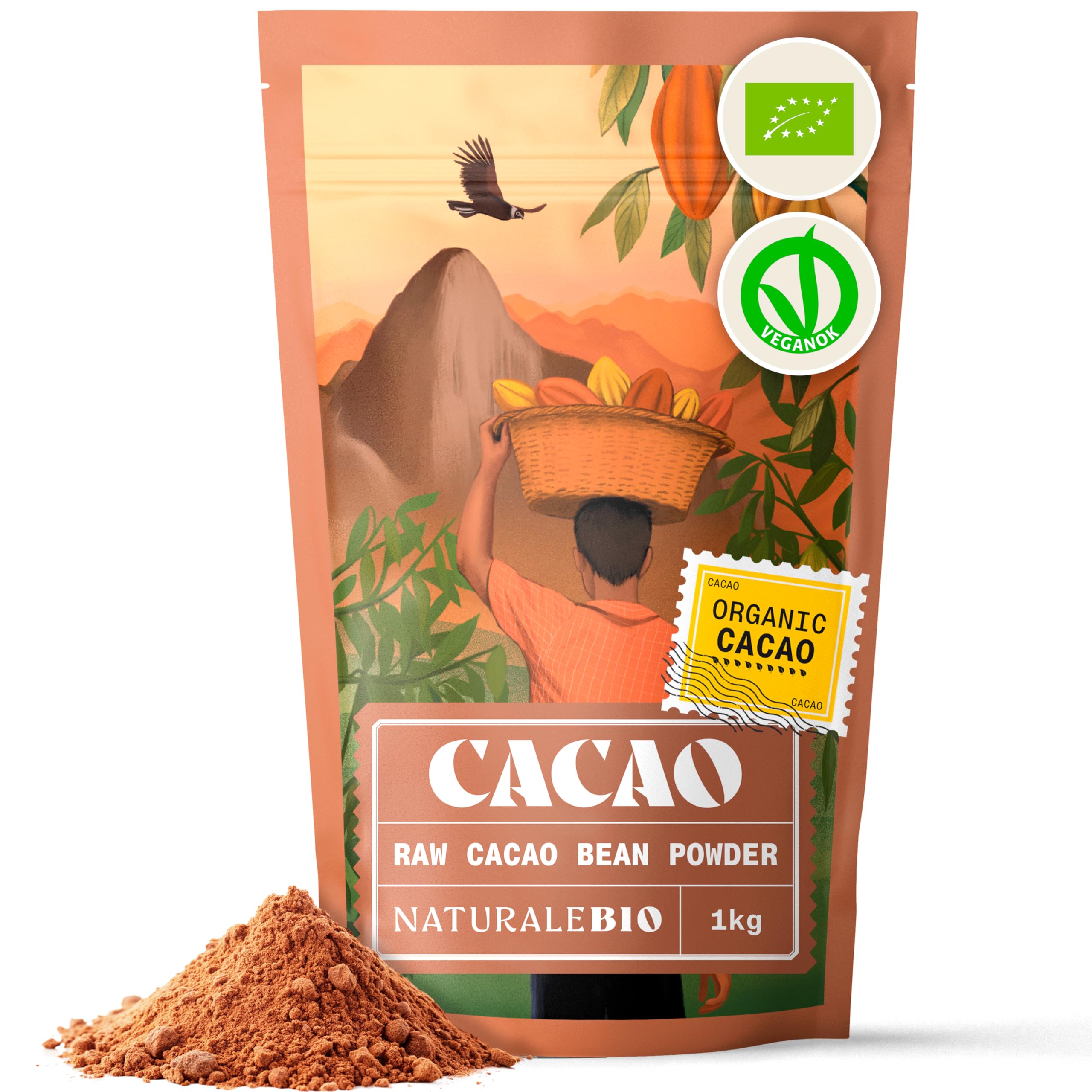 Organic Cacao Powder 1 Kg. Peruvian, Natural and Pure. Made in Peru from The Theobroma Cacao Plant. Produced from Raw Cacao Beans. Source of Magnesium, Manganese and Phosphorus.