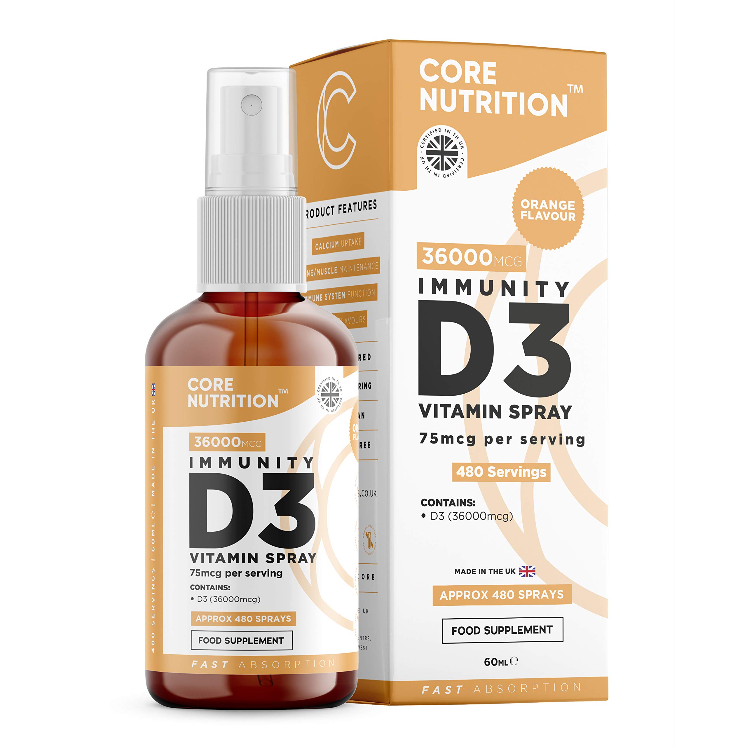 Core Vitamin D3 Spray | 3000iu (75mcg) Vitamin D3 High Strength | 60ml Gives 480 Sprays 1 Year+ Supply | Natural Orange Vitamin D Spray by Core Nutrition