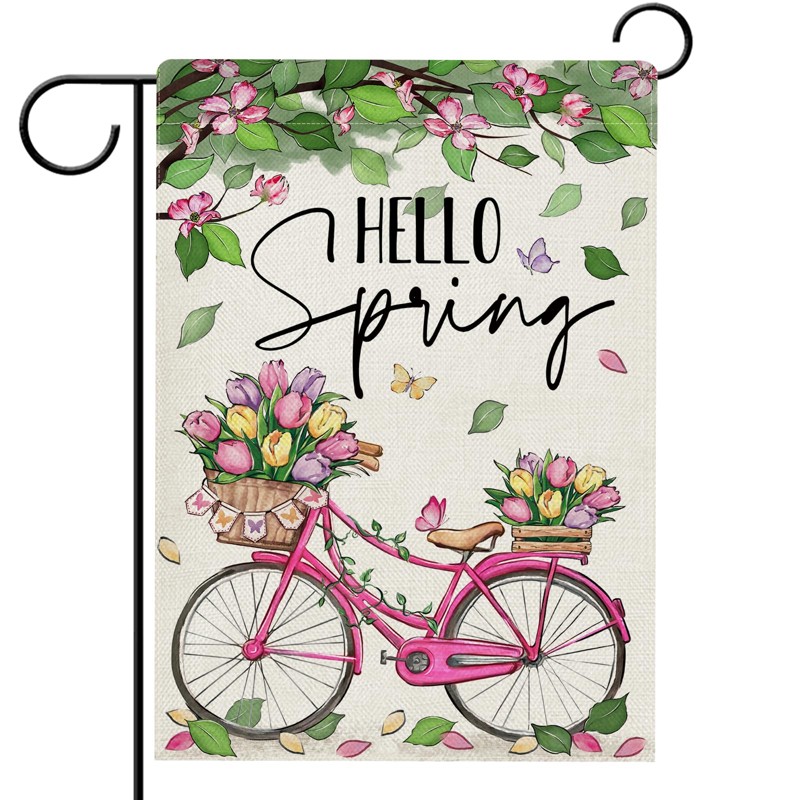 Hello Spring Pink Bike Garden Flag Double Sided, Bicycle Tulip Flower Leaves Decorative Yard Outdoor Home Small Decor, Floral Butterfly Seasonal Burlap Outside House Decoration 12 x 18