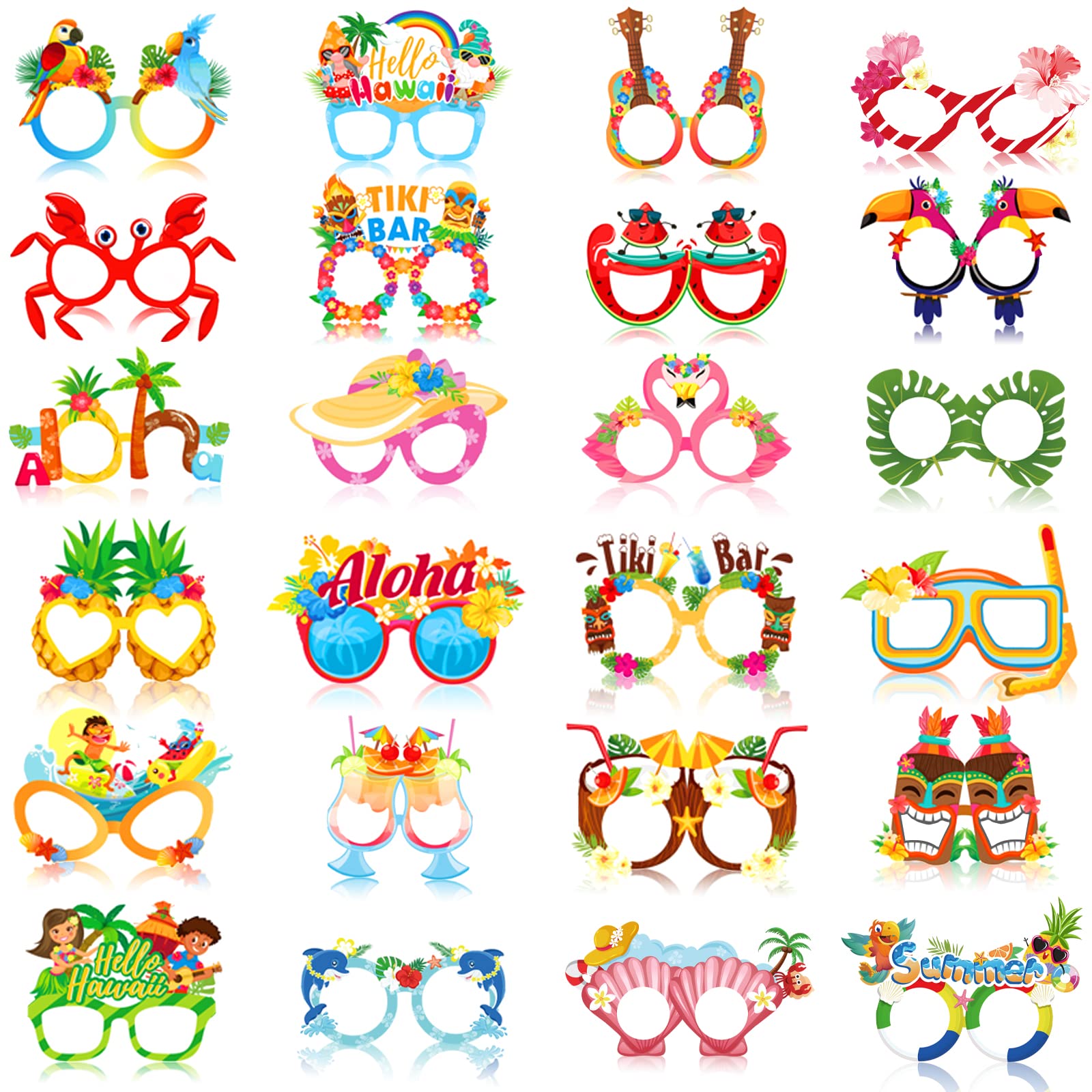 DPKOW Hawaiian Party Glasses, 24pcs Hawaii Tropical Party Paper Glasses TIKI Luau Party Favours for Adults Kids, Aloha Hawaii Photo Booth Props Summer Beach Pool Party Eyeglasses Eyewear, 24 Style