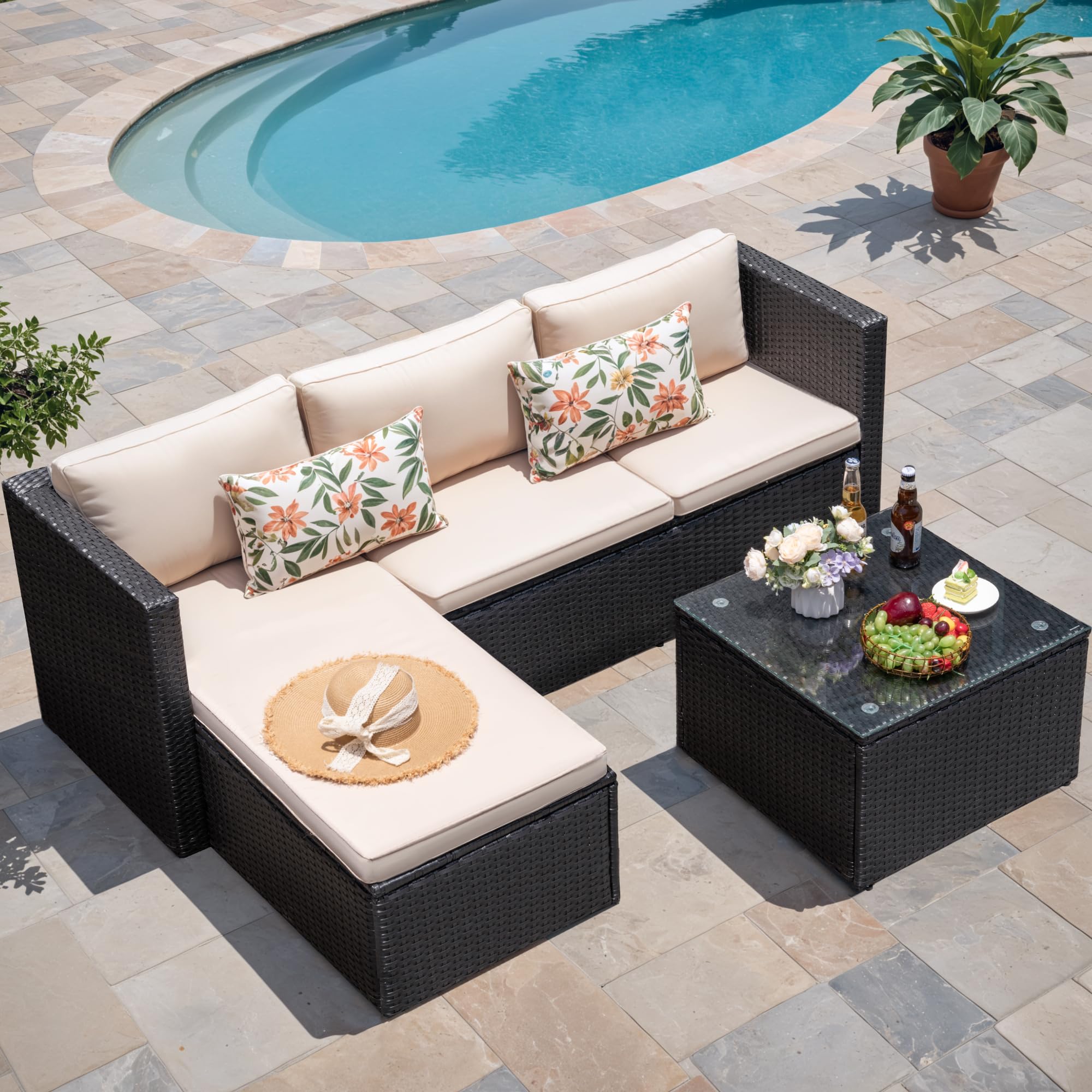 Greesum3 Piece Patio Furniture Set Outdoor Wicker Rattan Sectional Sofa with Adjustable Seat, Soft Cushions & Coffee Table for Yard, Garden, Porch, Poolside, Beige