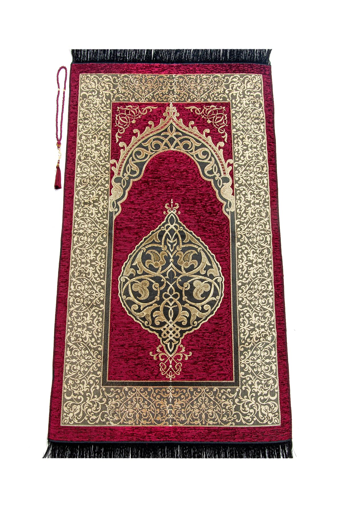 Muslim Prayer Rug with Prayer Beads | Janamaz | Sajadah | Soft Islamic Prayer Rug | Islamic Gifts | Prayer Carpet Mat, Chenille Fabric, Brick