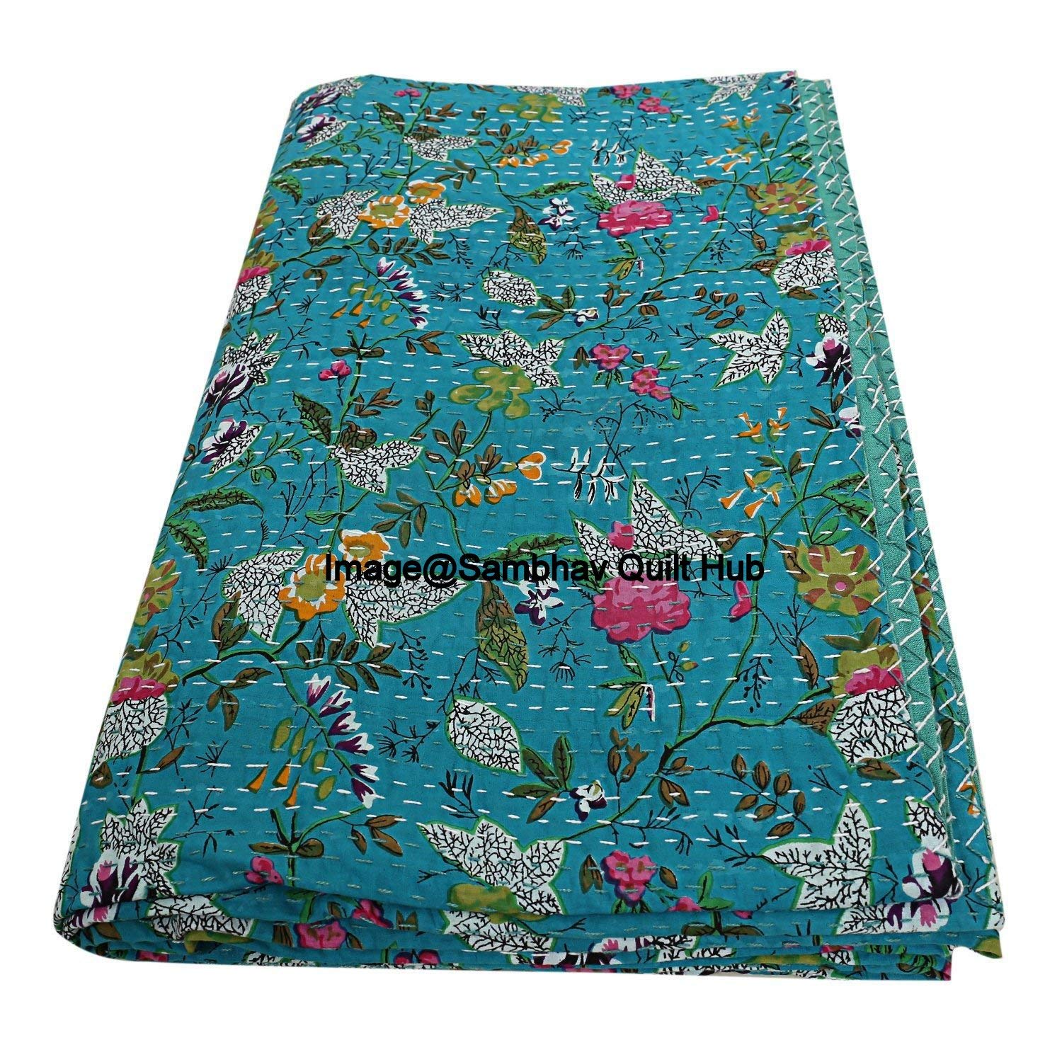 Sambhav Quilt Hub Queen/Twin/King Turquoise Handmade Kantha Bird of Paradise Print Quilting Kantha Quilt Kantha Blanket Bed Kantha Bedspread Bohemian Bedding Kantha Blanket Throw (90X108 inches)