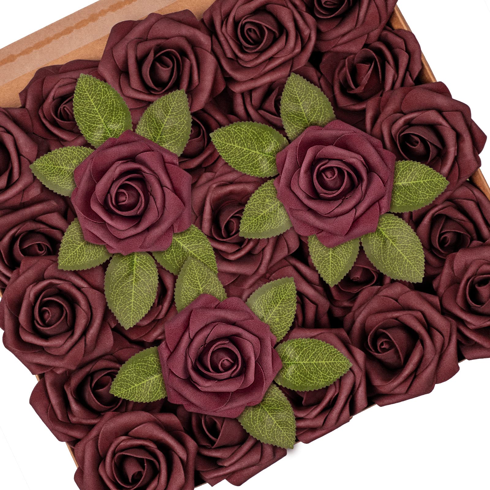 Mocoosy50Pcs Artificial Rose Flowers, Burgundy Fake Roses for Decoration, Real Touch Foam Rose Bulk with Stem DIY Wedding Bouquets Centerpiece Floral Arrangement Christmas Xmas Party Home Table Decor