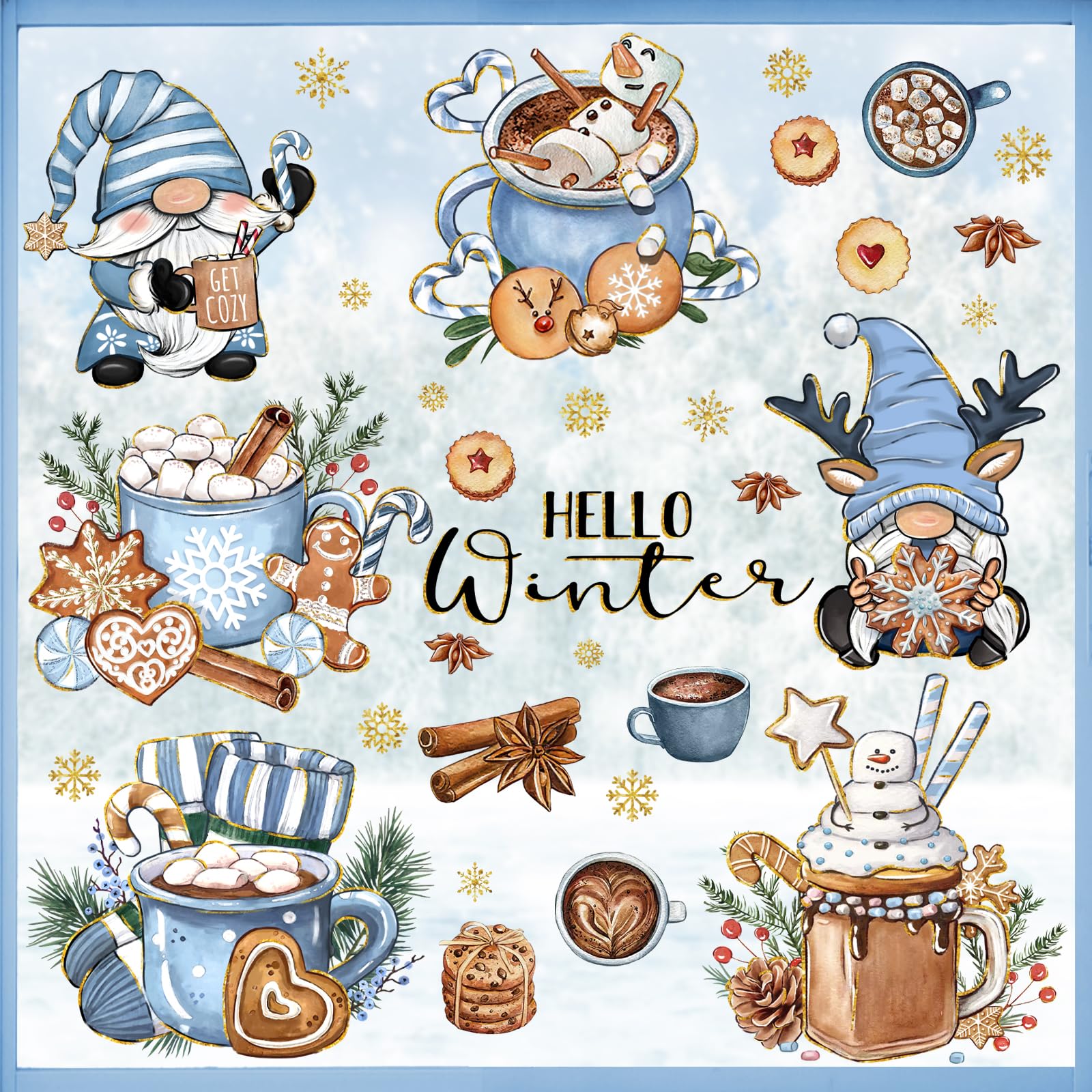 Mfault 145 PCS Hello Winter Gnome Window Clings 9 Sheets, Hot Cocoa Gingerbread Cookies Snowman Wall Stickers Decal Decorations, 2025 New Year Christmas Holiday Living Room Home Kitchen Decor