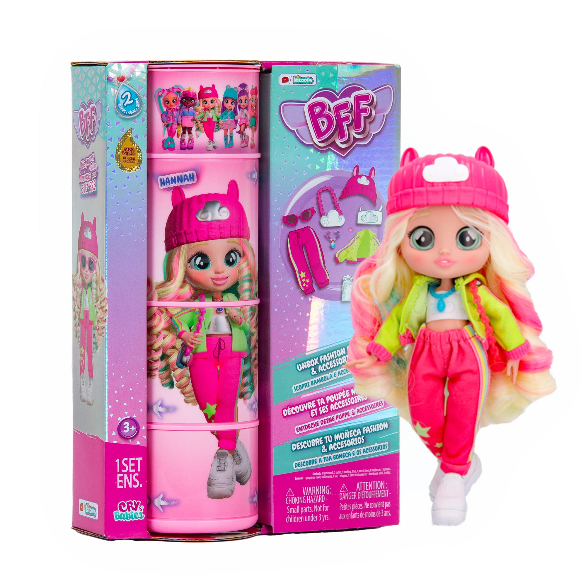 Cry Babies BFF Hannah Fashion Doll with 9+ Surprises Including Outfit and Accessories for Fashion Toy, Girls and Boys Ages 4 and Up, 7.8 Inch Doll, Multicolor