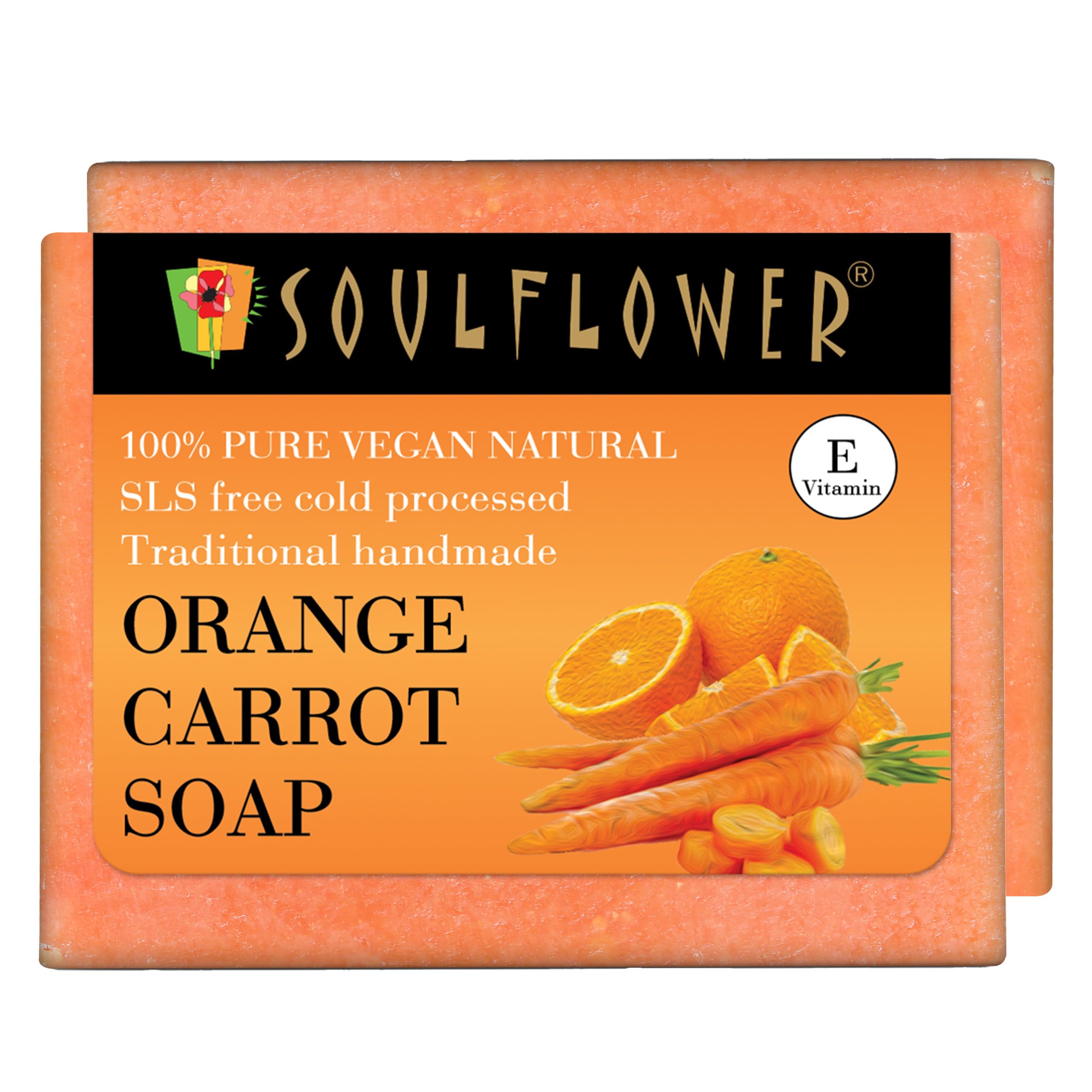 Soulflower Orange Carrot Bath Soap for Soothing & Refreshing Skin, Moisturization, Enriched with Essential Oils, Exotic Herbs & Aroma Organic & Handmade, Grade 1 BIS Standard - (Pack of 2) 150g Each