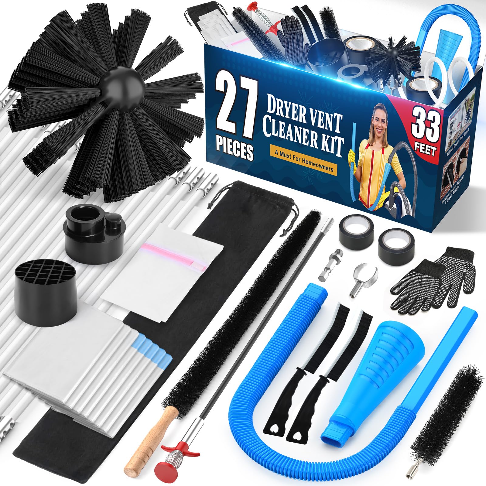 Sealegend Dryer Vent Cleaner kit 4-Piece Omnidirectional Dryer Cleaning Kit Include 30 Feet Dryer Vent Brush, Blue Dryer Lint Vacuum Attachment&Dryer Lint Trap Brush, Vacuum & Dryer Adapters