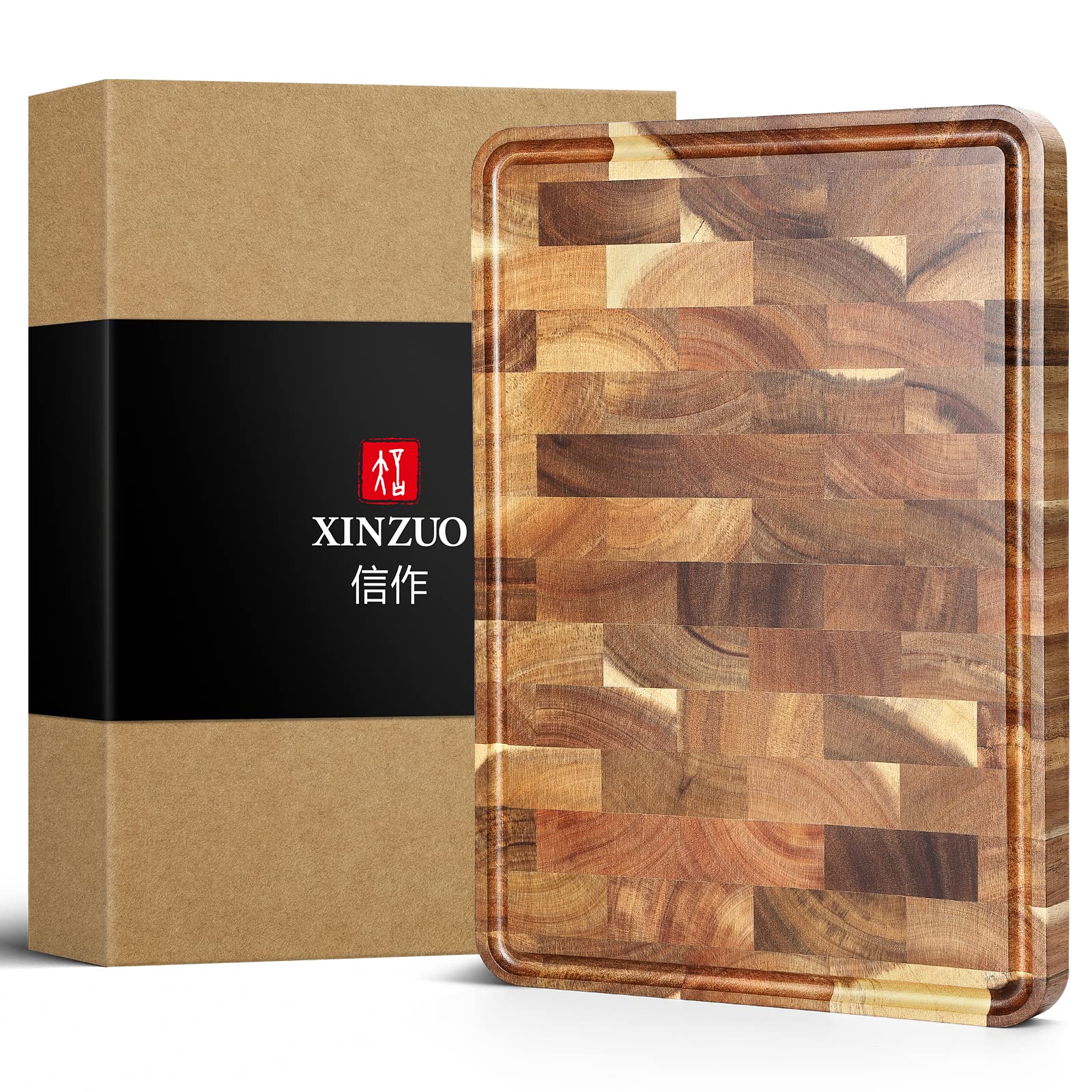 XINZUOAcacia Wood Cutting Board for Kitchen End Grain Cutting Board (13.8''L x 9.8''W x 1''T)-Wooden Chopping Board Meat Cutting Board with Non-Slip Feet, Side Handles and Juice Groove