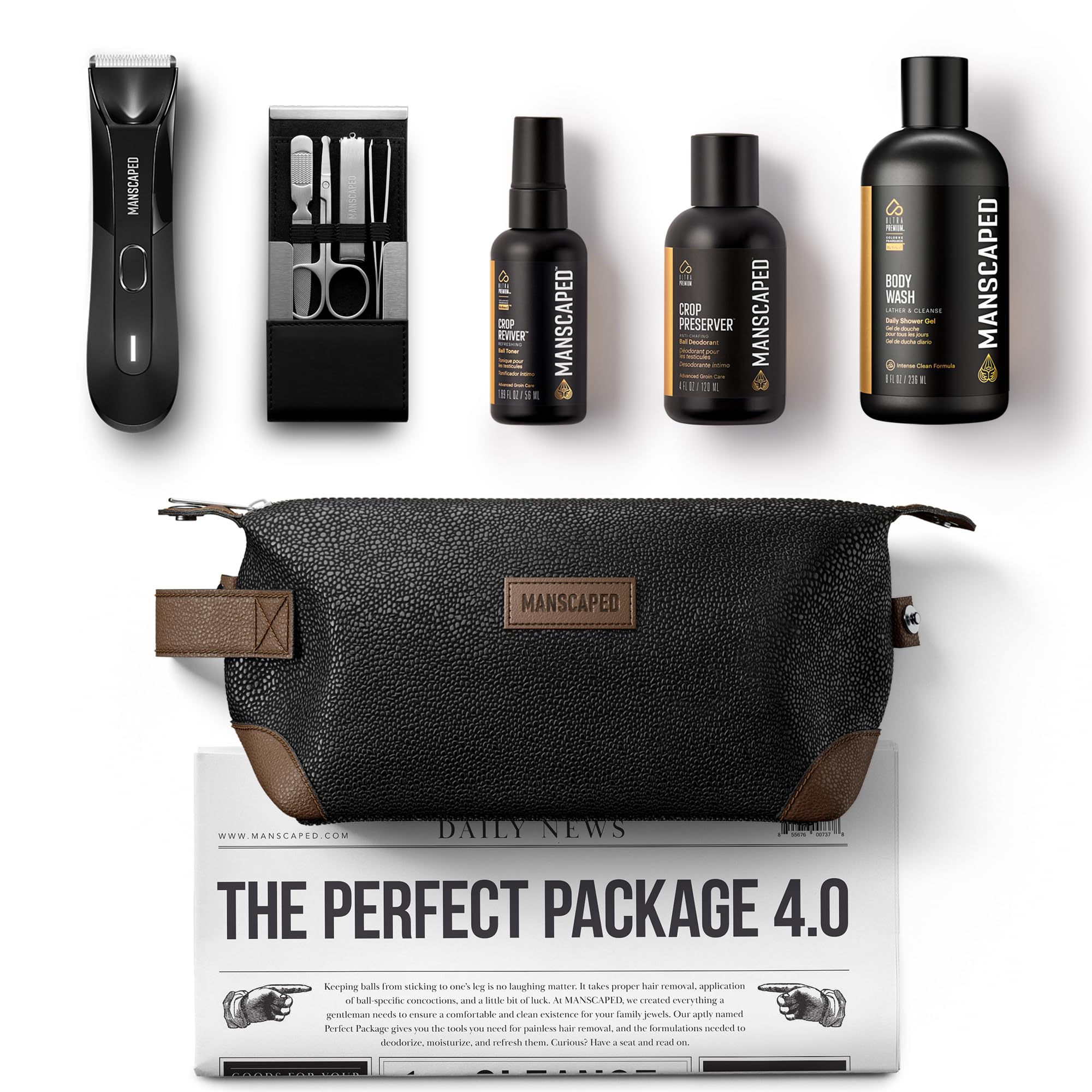 MANSCAPED® Perfect Package 4.0 Kit Contains: The Lawn Mower® 4.0 Electric Trimmer, Ball Deodorant, Groin Wash, Performance Spray-on-body Toner, Four Piece Luxury Nail Kit, Toiletry Bag, 3 Shaving Mats