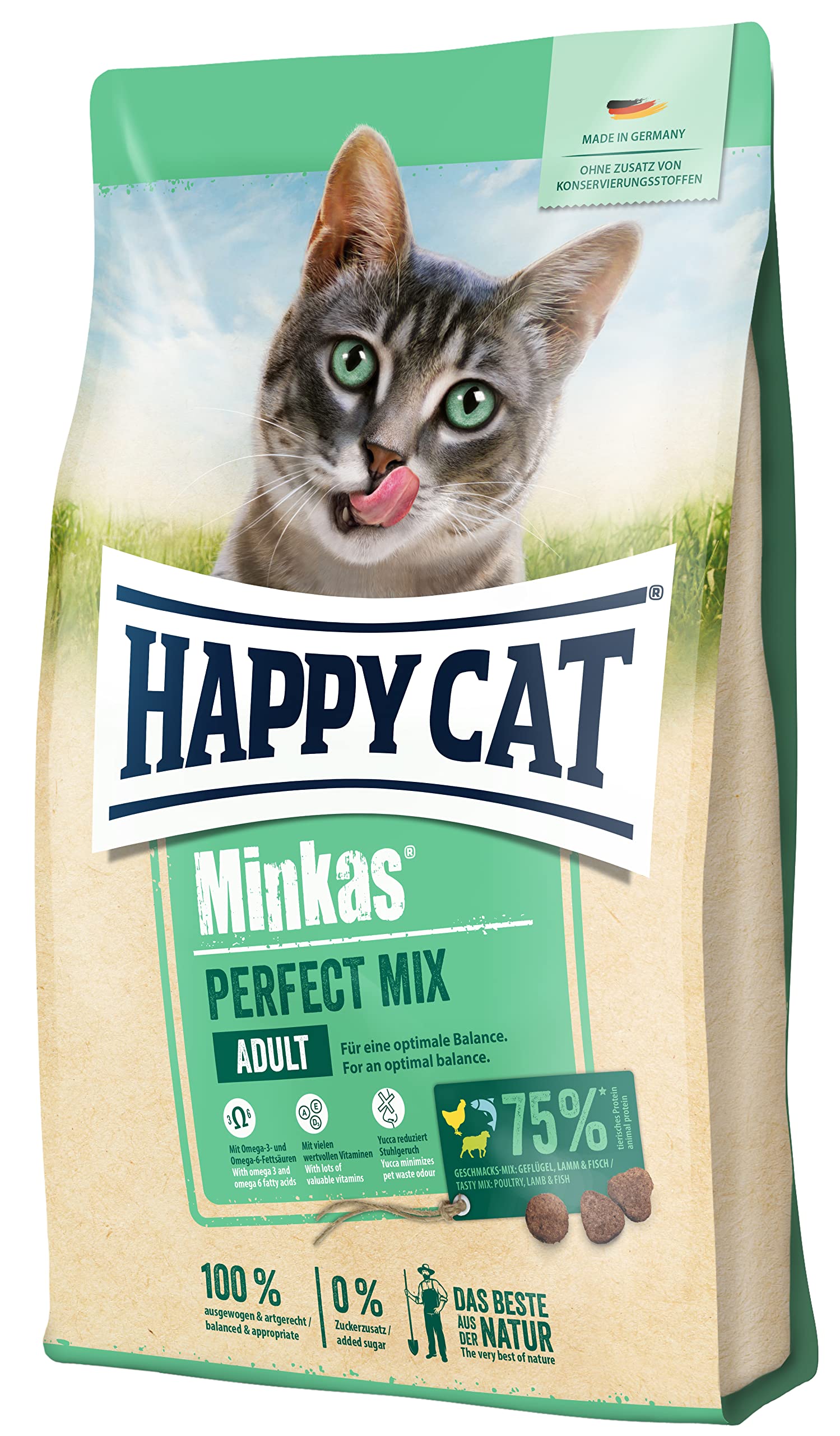 Happy Cat – [1.5 kg] Minkas Perfect Mix for adult cats with poultry, lamb and fish, made with 100% natural ingredients to support skin and coat.