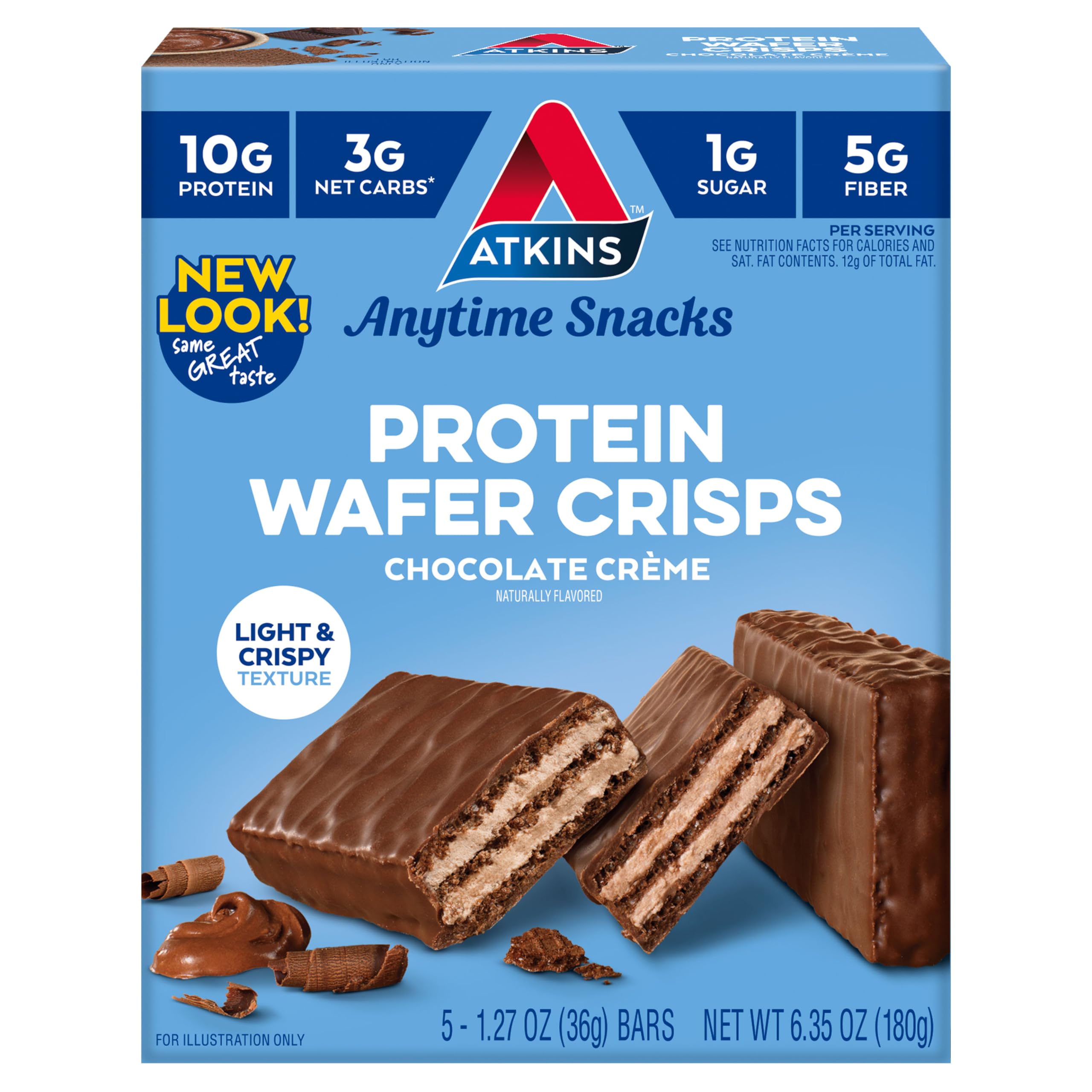 AtkinsChocolate Crème Protein Wafer Crisps, Protein Dessert, 4g Net Carb, 1g Sugar, High in Fiber, Keto Friendly, 5 Count