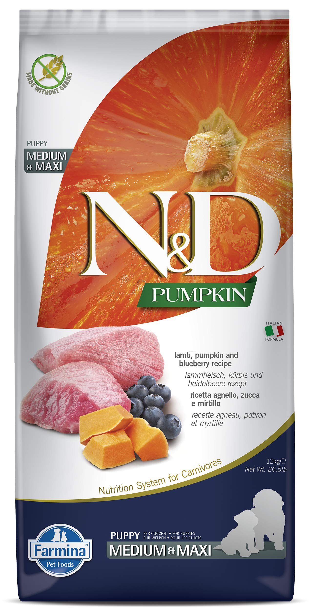 Farmina N&D Pumpkin Dry Dog Pet Food, Grain Free, Medium and Maxi Puppy Food, 12 kg, Lamb and Blueberry