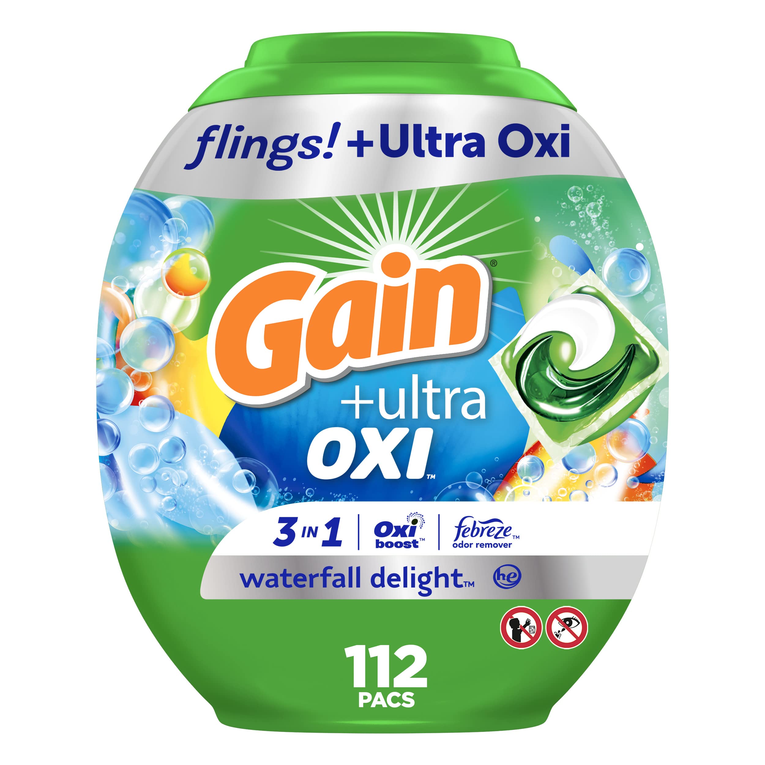 Gain flings Ultra Oxi Laundry Detergent Pacs, 112 Count, Waterfall Delight Scent, 3-in-1, HE Compatible