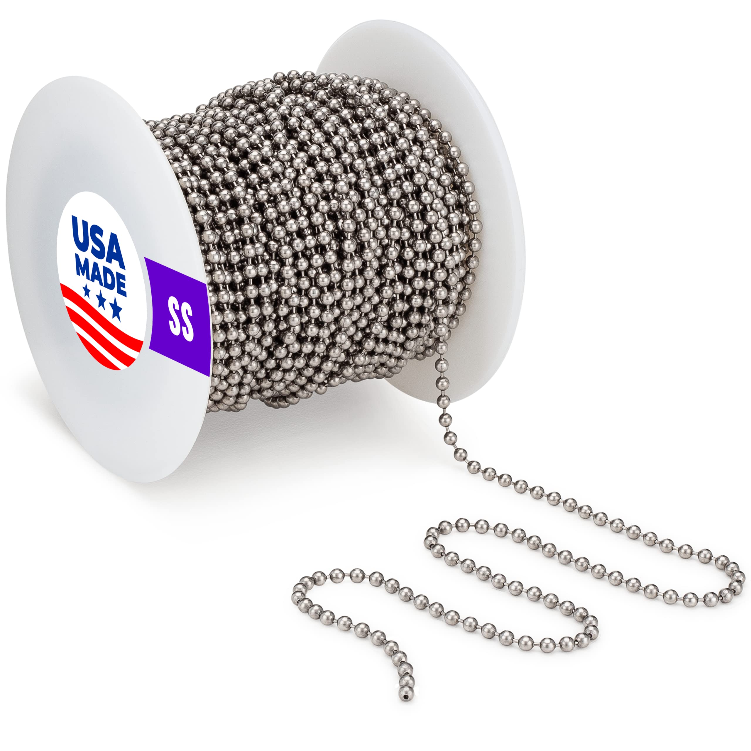 Beaded Ball #6 Chain 3.2mm - Stainless Steel (SS) 100 Feet Spool, Plumbing and Industrial Equipment Labeling, Commercial Retaining Applications and Vertical Blinds USA Made