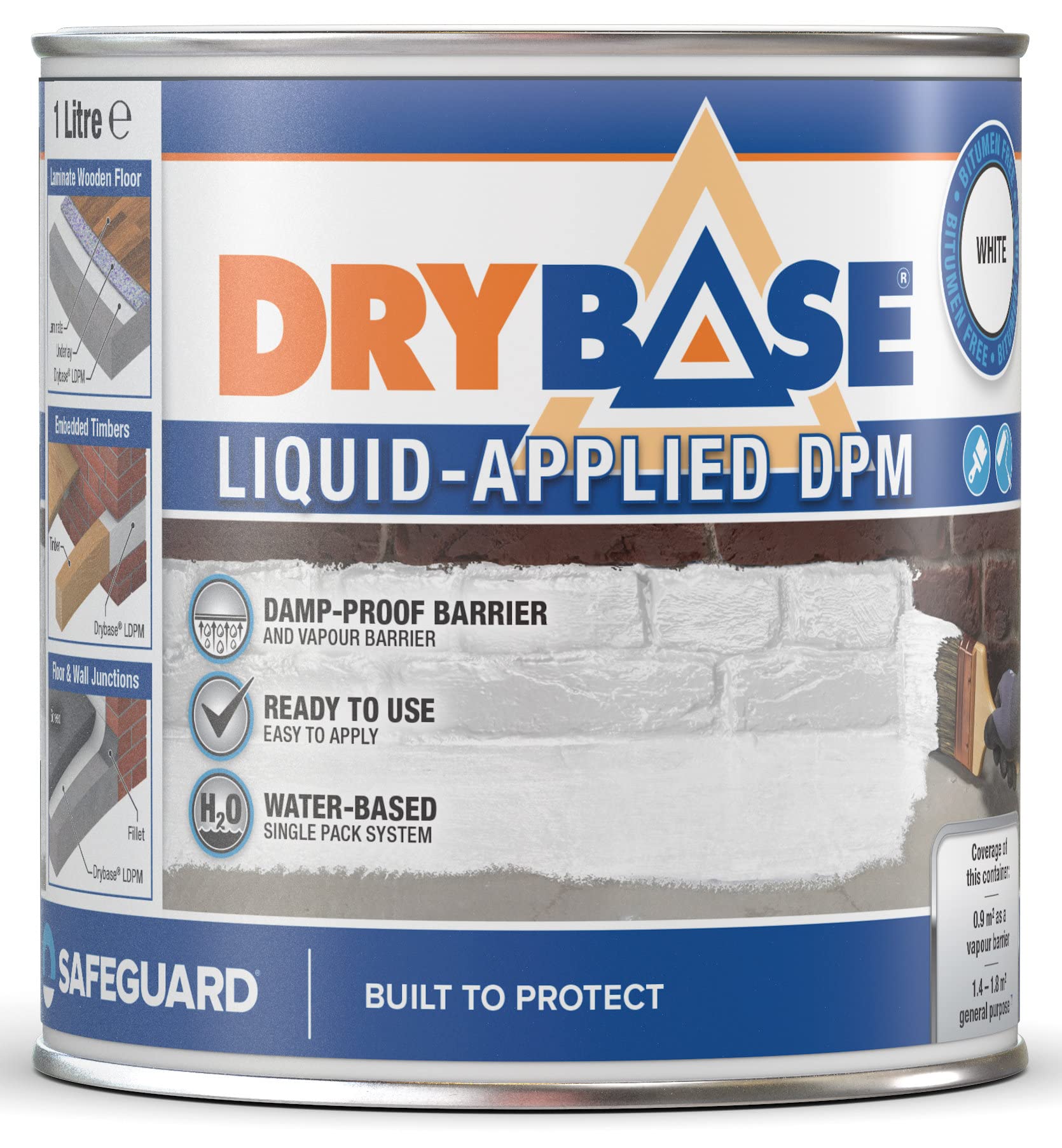 Drybase Liquid Damp Proof Membrane (1 Litre, White) - Damp Proofing Paint for Internal Walls and Floors. Waterproof Paint