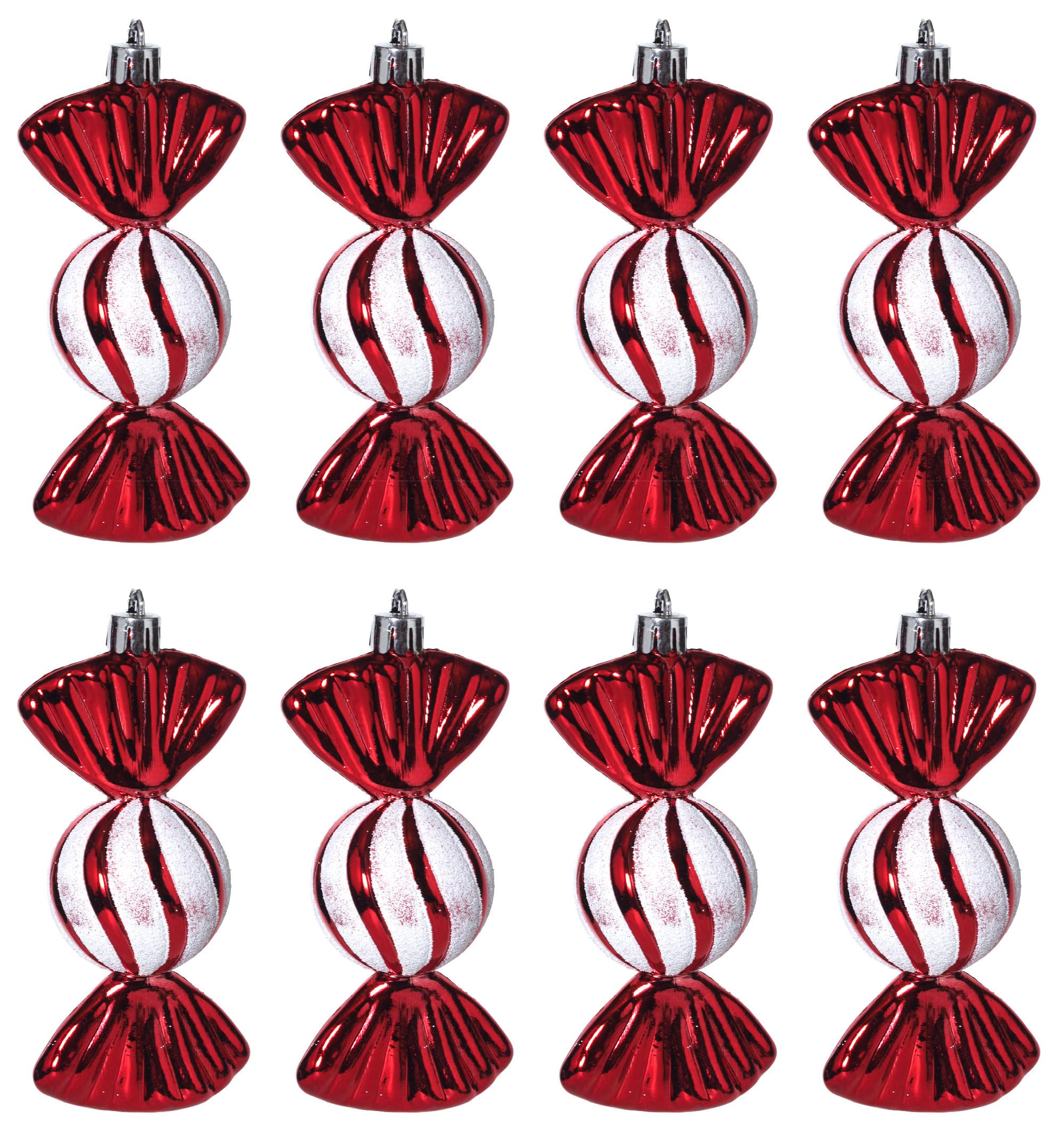 Round Sweet Christmas Tree Bauble Decorations - Red White Candy Cane - Set of 8