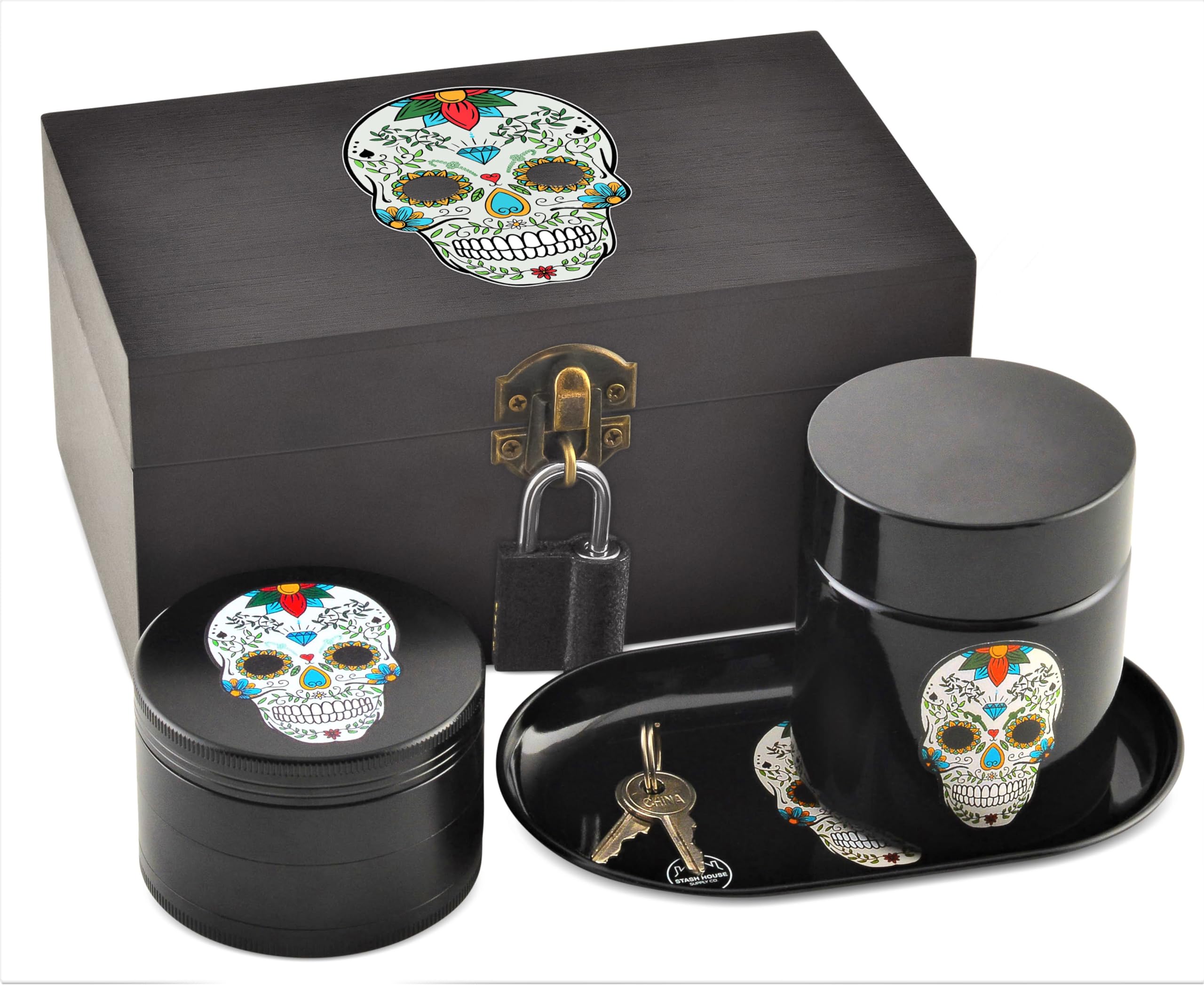 Premium Stash Box Combo with Ultra Strong Metal Lock and Keys, Titanium 4 Piece Herb Grinder with Magnetic Lid, Rolling Tray, Airtight Smell Proof Glass Jar - Day of The Dead - Stash Boxes