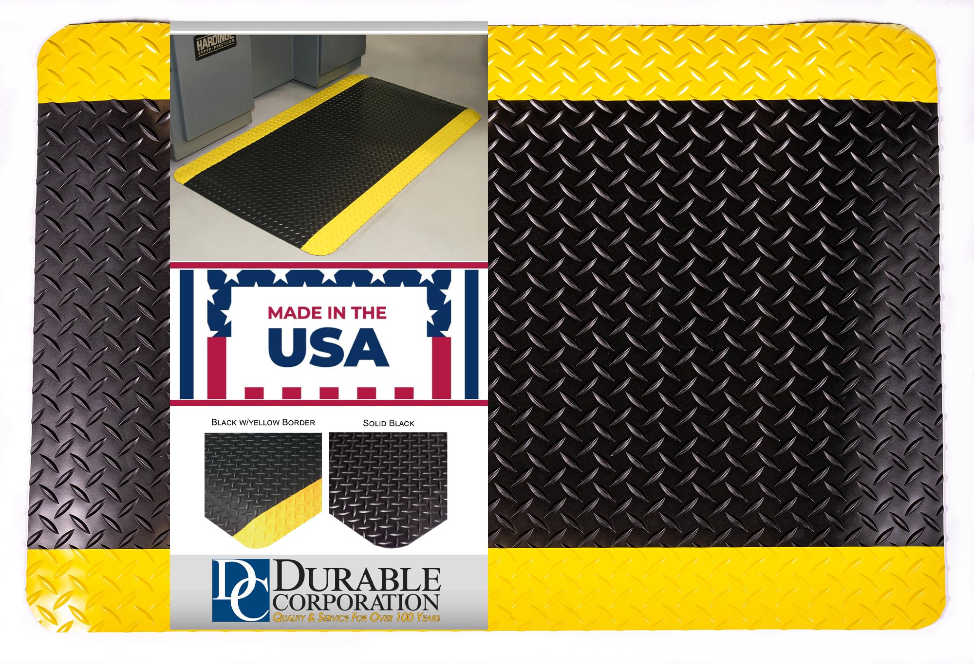 Durable Corporation-442S35BKY Vinyl Diamond-Dek Sponge Industrial Anti-Fgue Floor Mat, 3' x 5', Black with Yellow Border