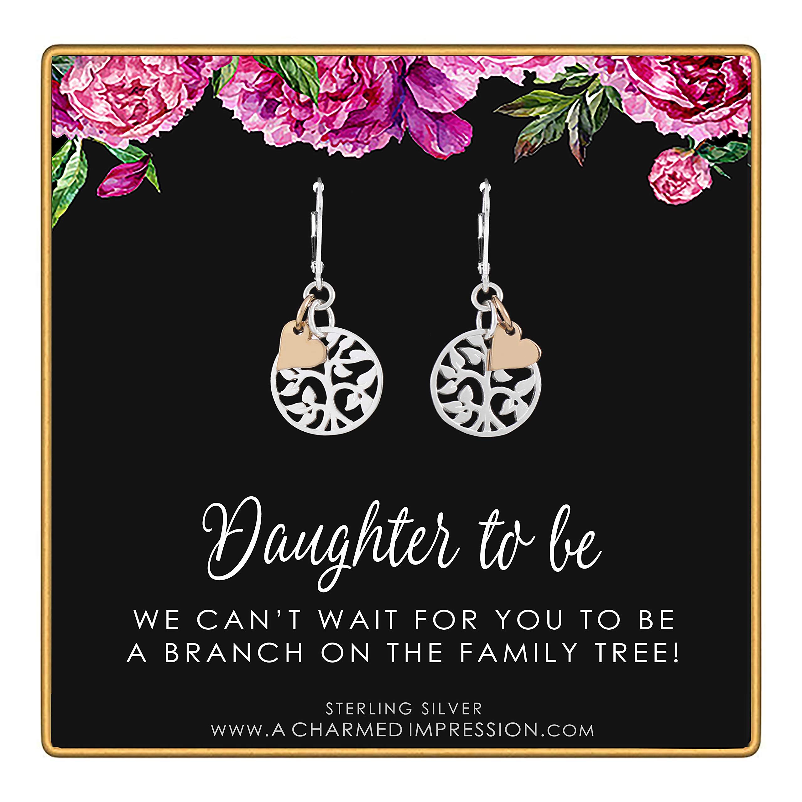 A Charmed Impression Daughter to be Gift • Welcome to Our Family Tree • Silver Leverback Earrings • Gifts for Stepdaughter or Daughter in Law • Silver Tree Gold Heart Charm • Jewelry for Women