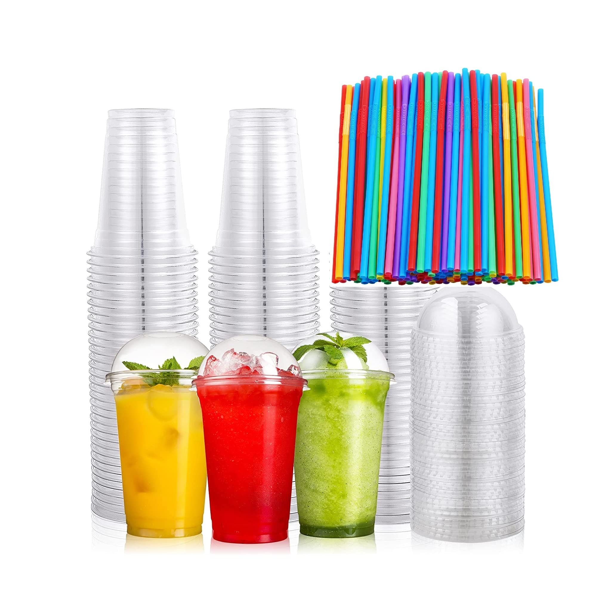 Vsell24™ 100PC Disposable Drinking Plastic Cup 14oz For Smoothie Coffee Water Juice Cups with Straw and Dome Lid