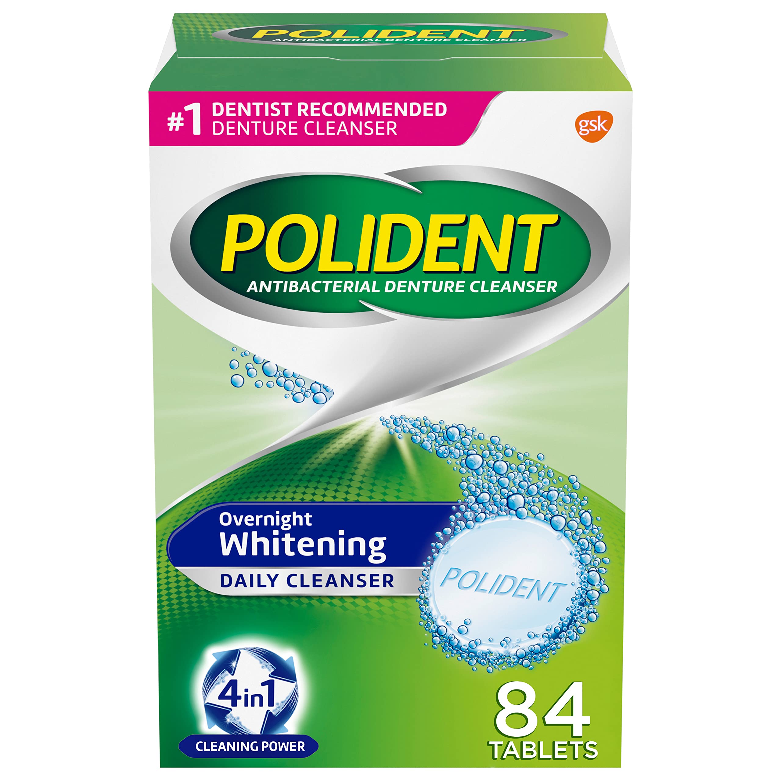 PolidentOvernight Whitening Antibacterial Denture Cleanser Effervescent Tablets, 84 count